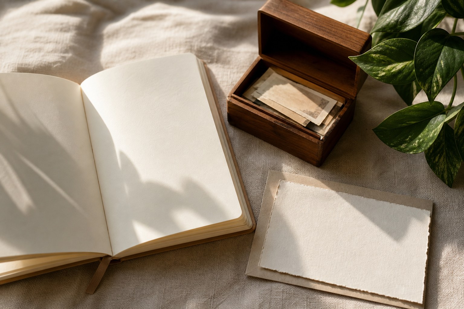 Keepsake box, notebook, and blank card representing charitable legacy planning