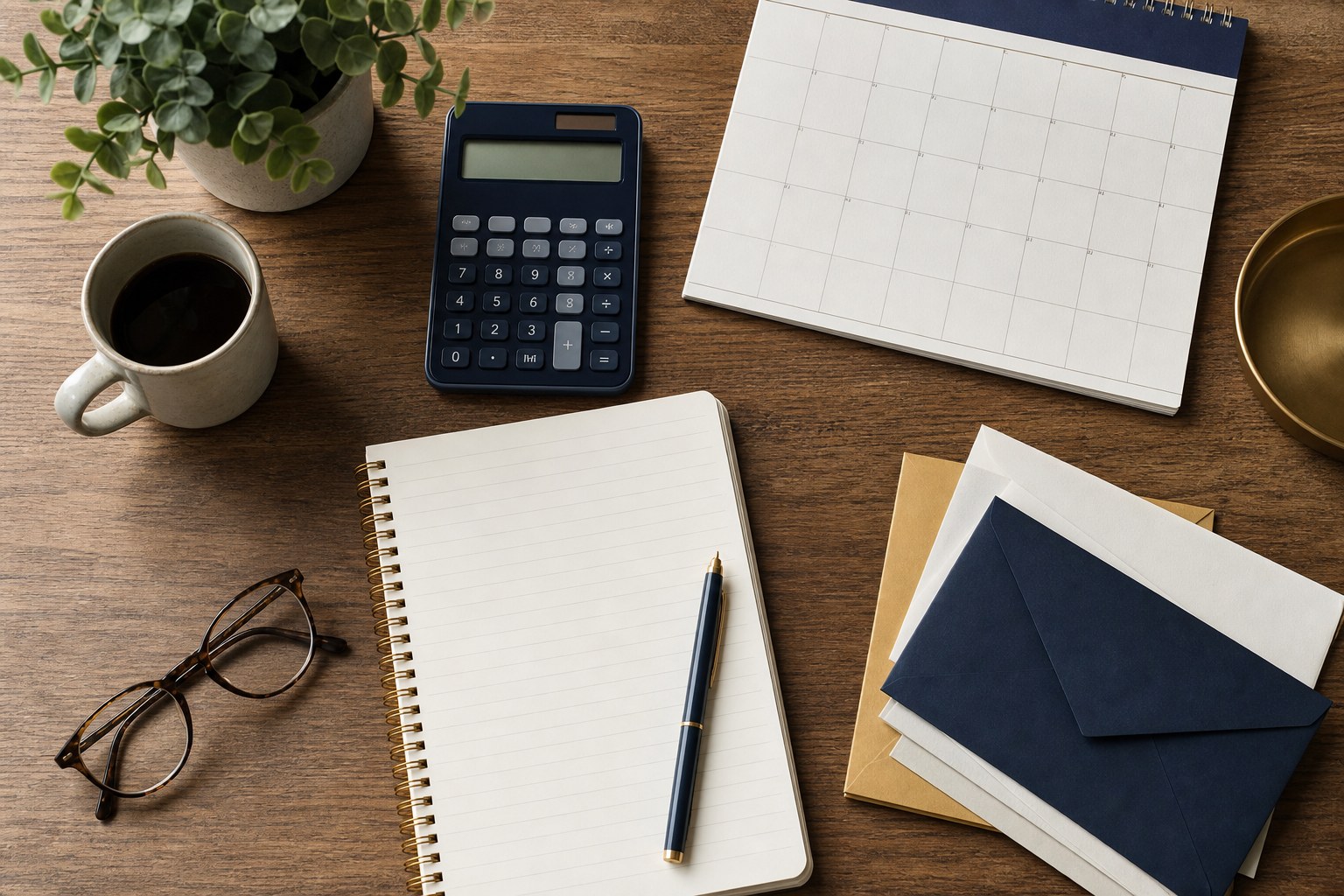 Calculator, monthly calendar, notebook, and envelopes arranged for a retirement budget review