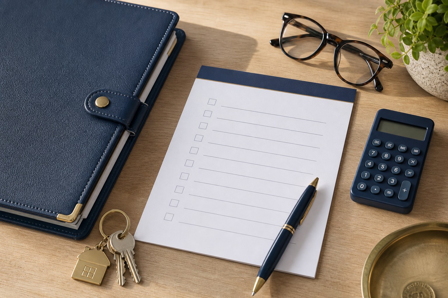 Household planning folder, checklist, calculator, and keys prepared for a retirement review