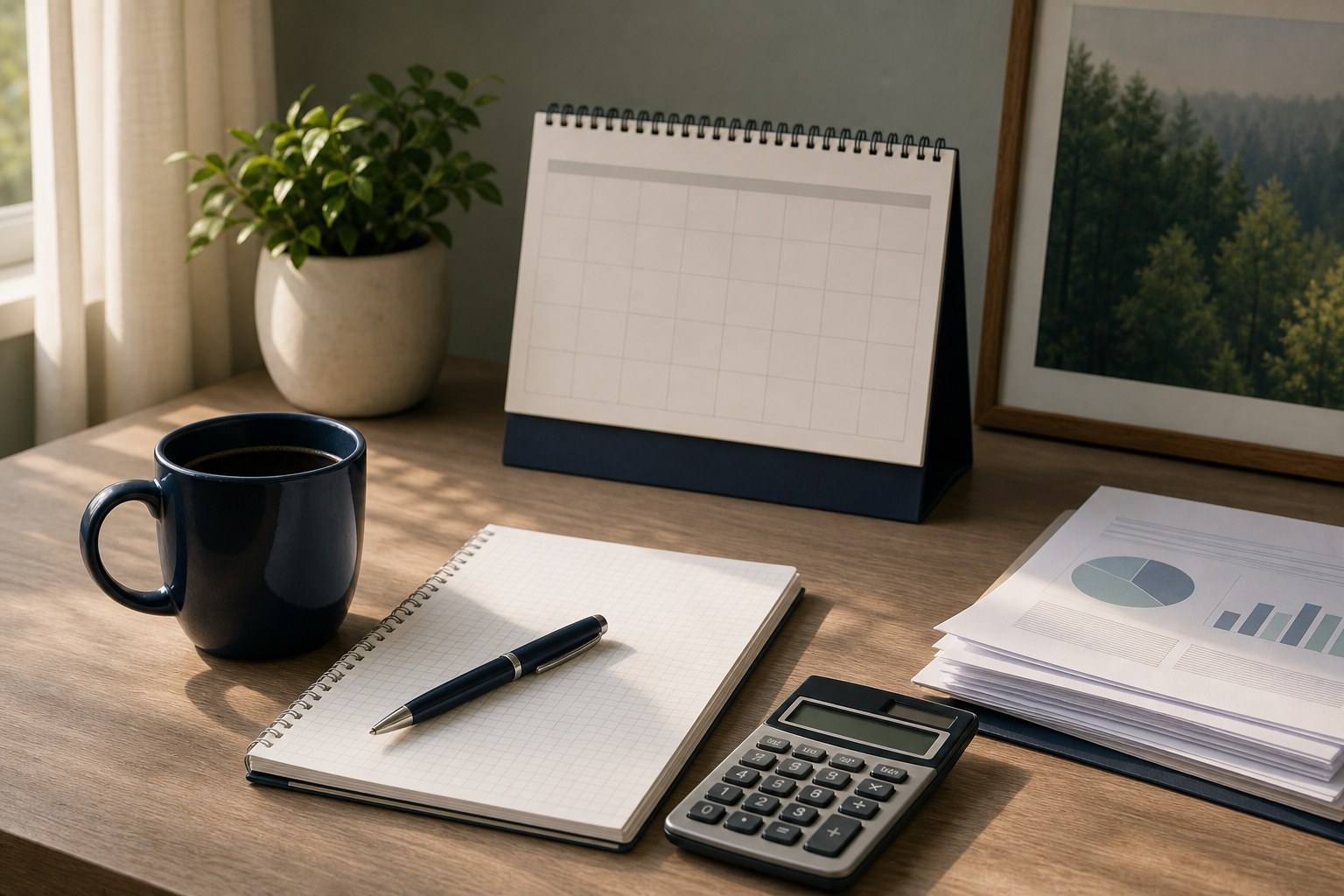 Calendar, calculator, notebook, and planning papers on a desk for comparing retirement scenarios