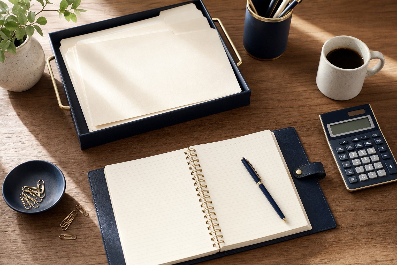 Organized folders, notebook, and calculator prepared for a household budget review