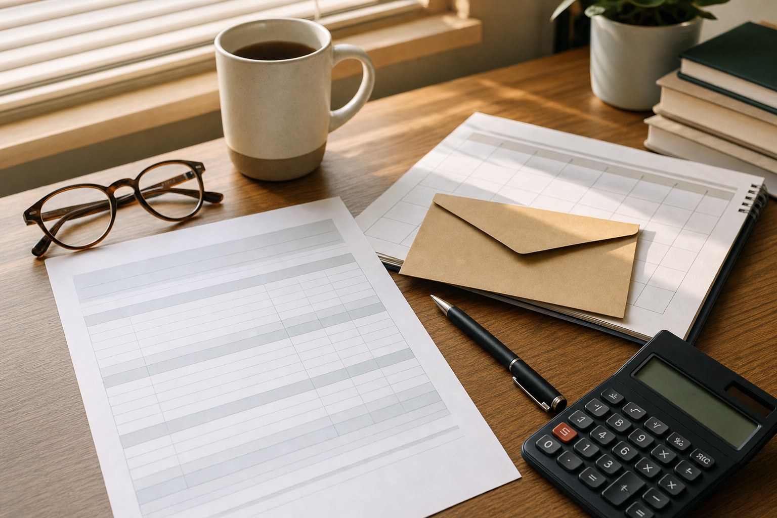 Calendar, envelope, budget paper, glasses, and calculator on a sunlit desk