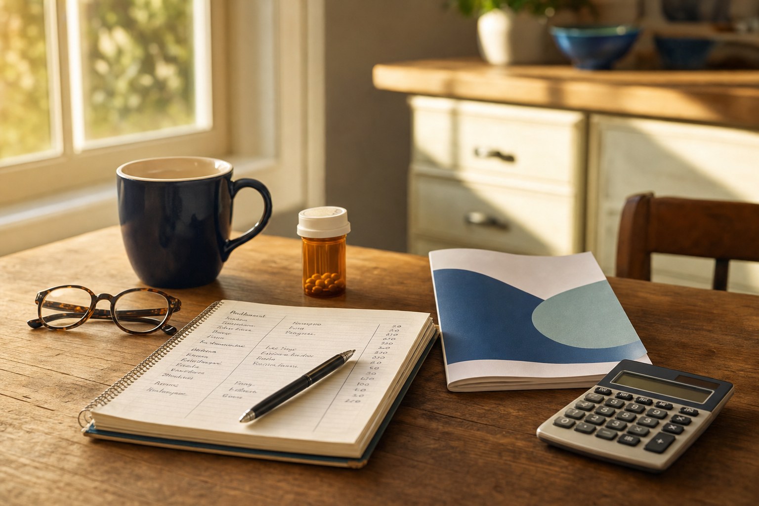 Notebook, calculator, glasses, and prescription bottle arranged for retirement health care planning