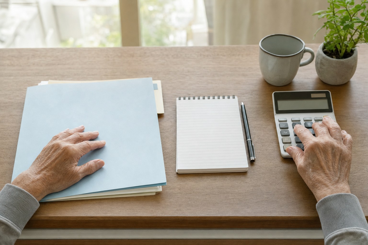 Older hands reviewing a folder, notebook, and calculator at a home desk