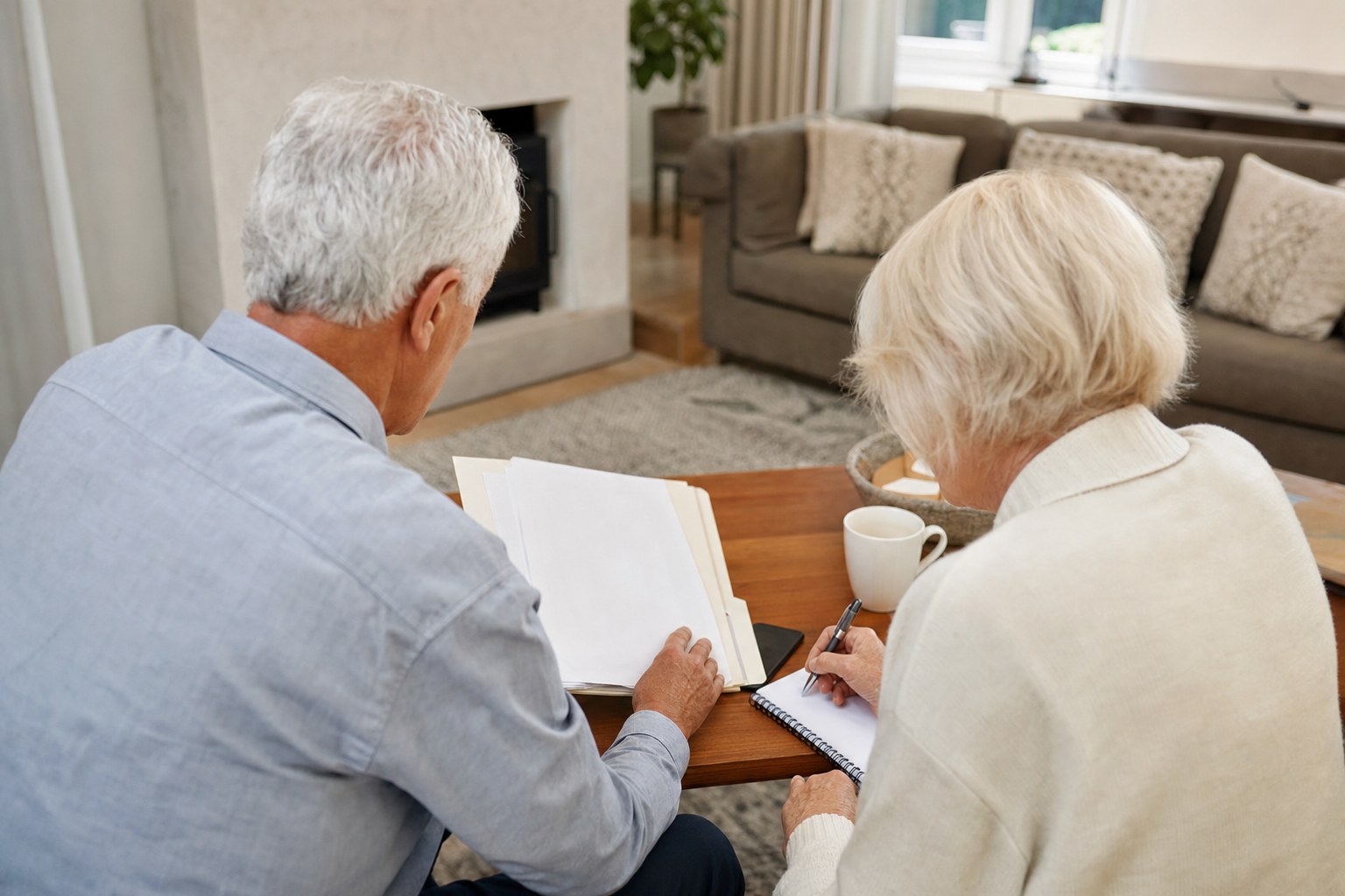 Older couple reviewing planning papers together at home
