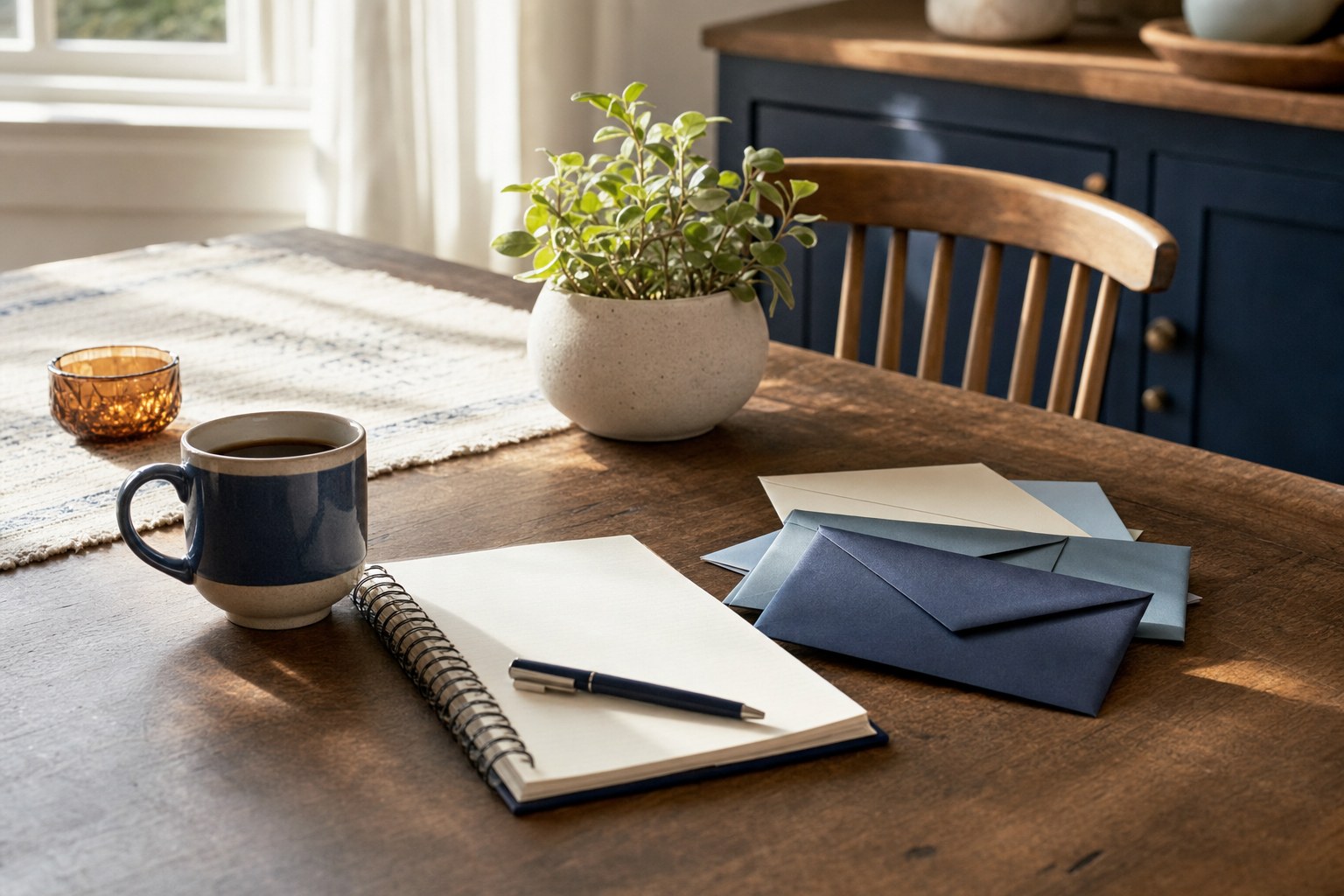 Notebook and envelopes on a table for retirement income planning