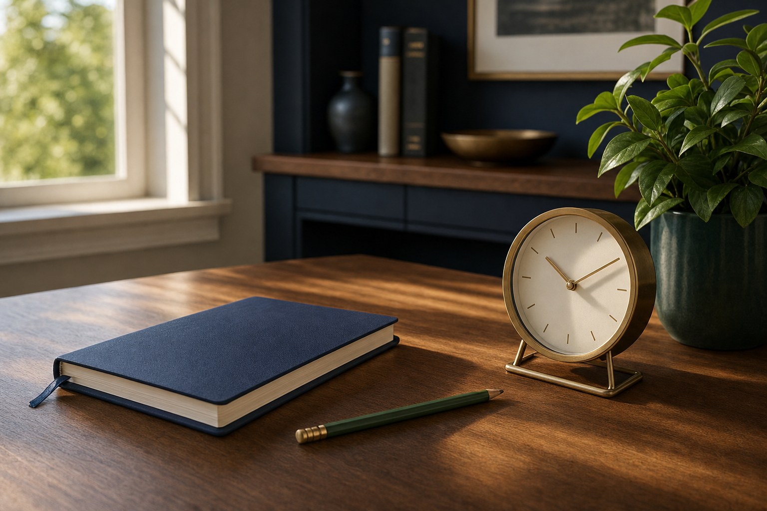 Notebook and clock representing a regular retirement plan review