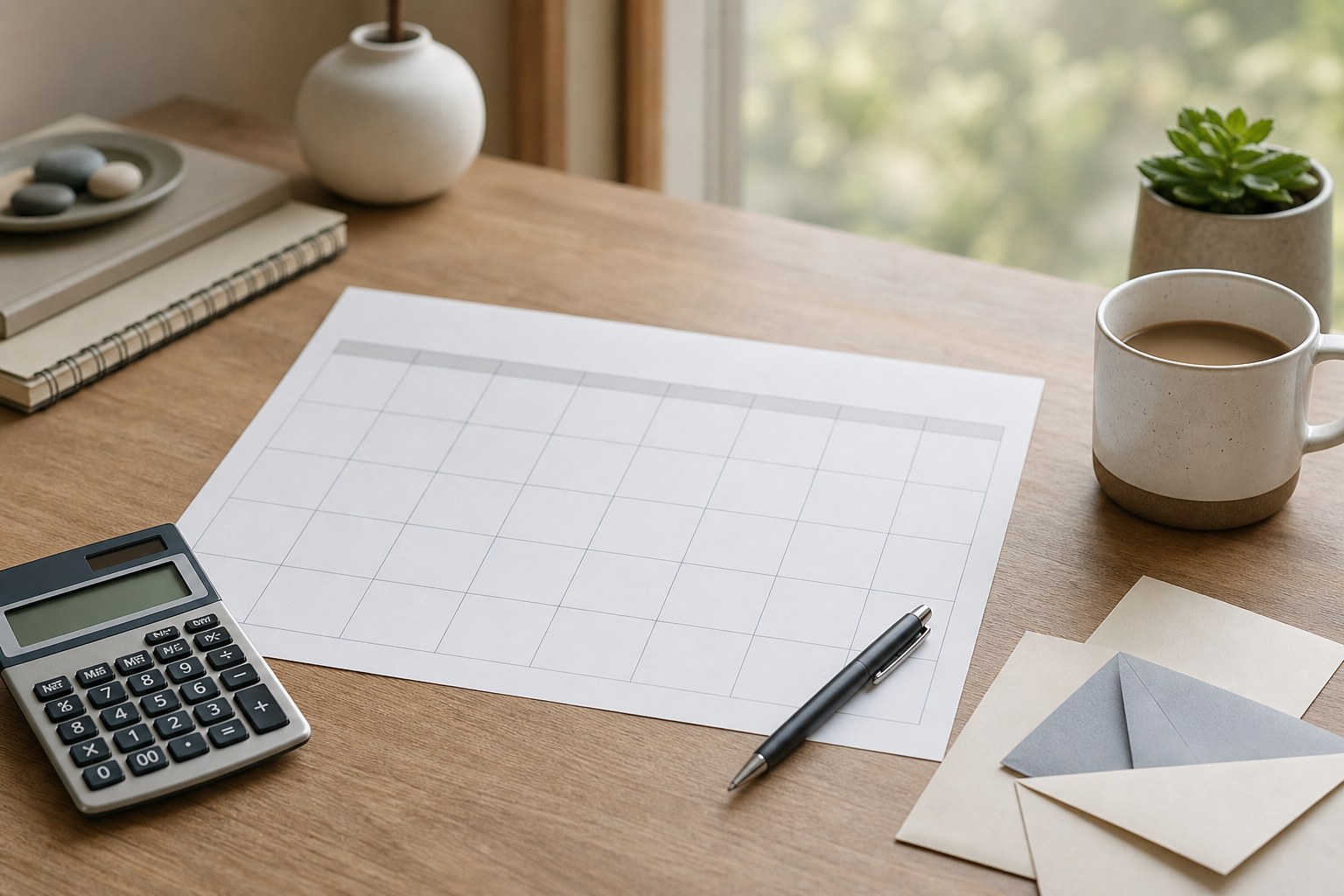 Blank calendar, calculator, envelopes, and coffee arranged for a household planning review