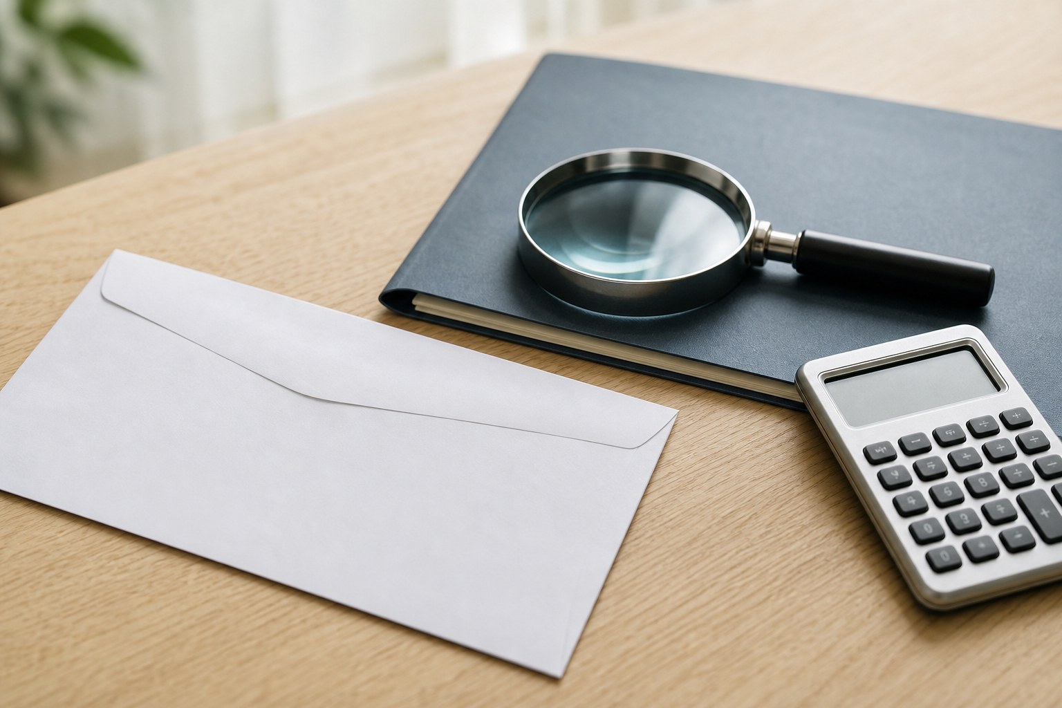 Envelope, notebook, magnifying glass, and calculator prepared for a retirement decision review