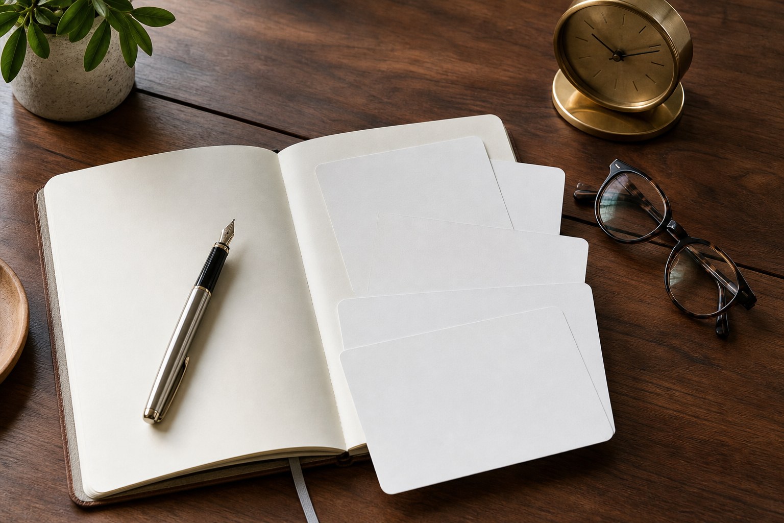Notebook, blank planning cards, pen, clock, and glasses arranged for retirement planning