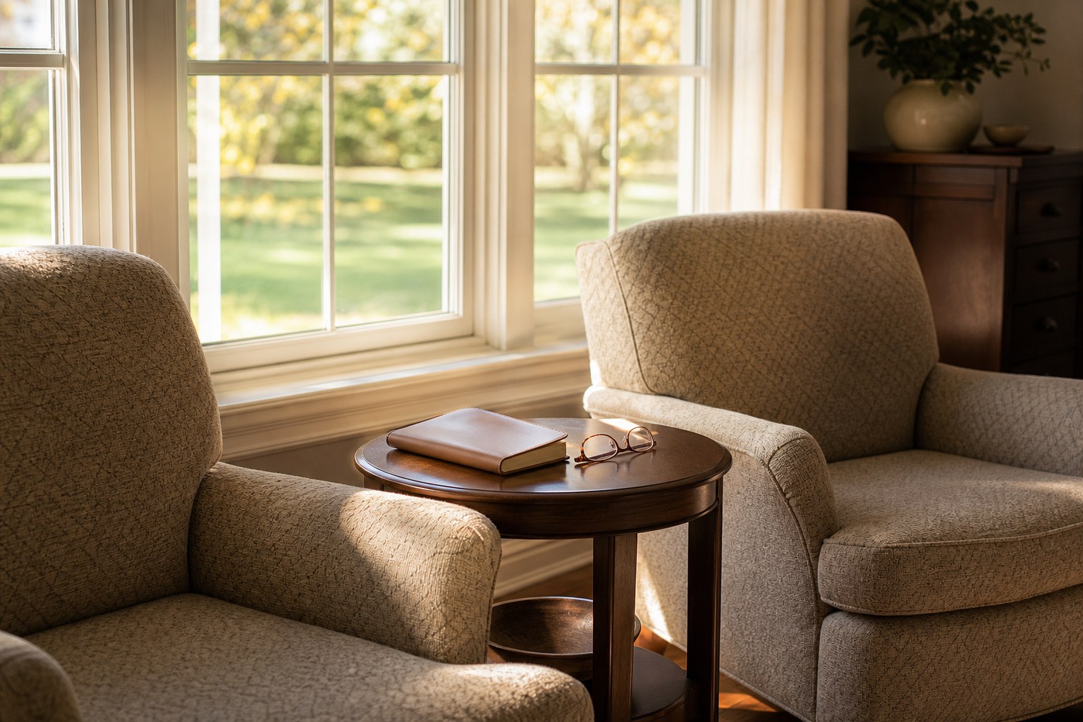Two chairs beside a sunny window with a notebook and glasses for a household retirement conversation