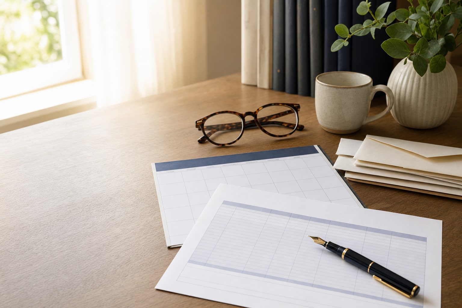 Planning papers, eyeglasses, and envelopes on a desk for retirement withdrawals