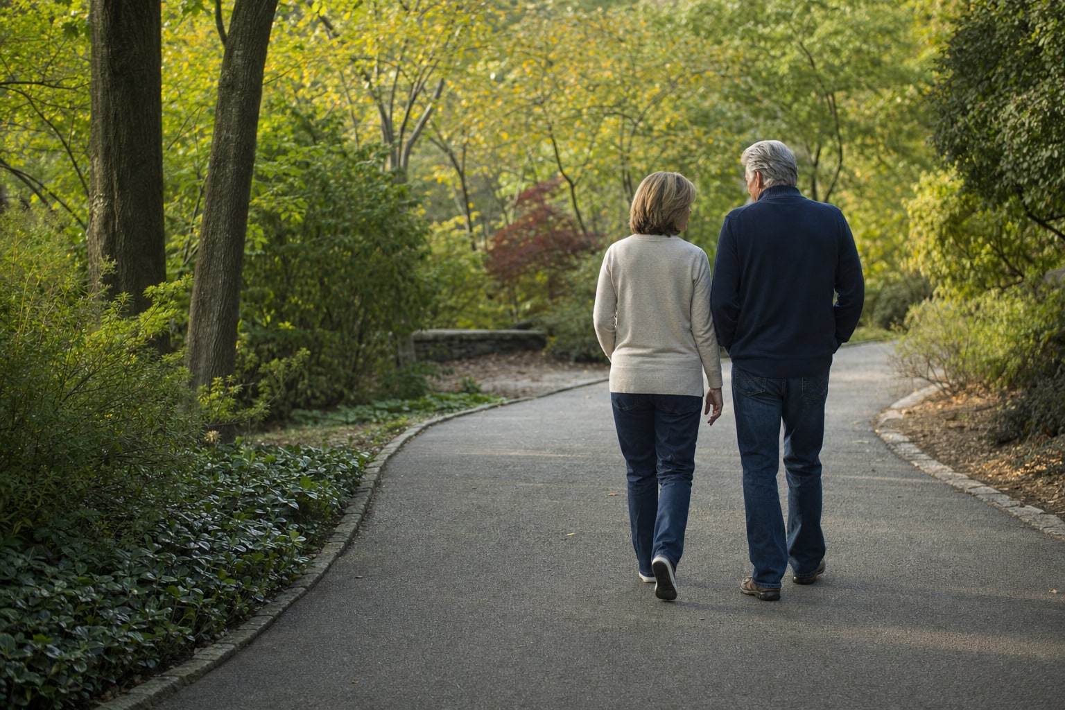 Couple walking together on a garden path in retirement