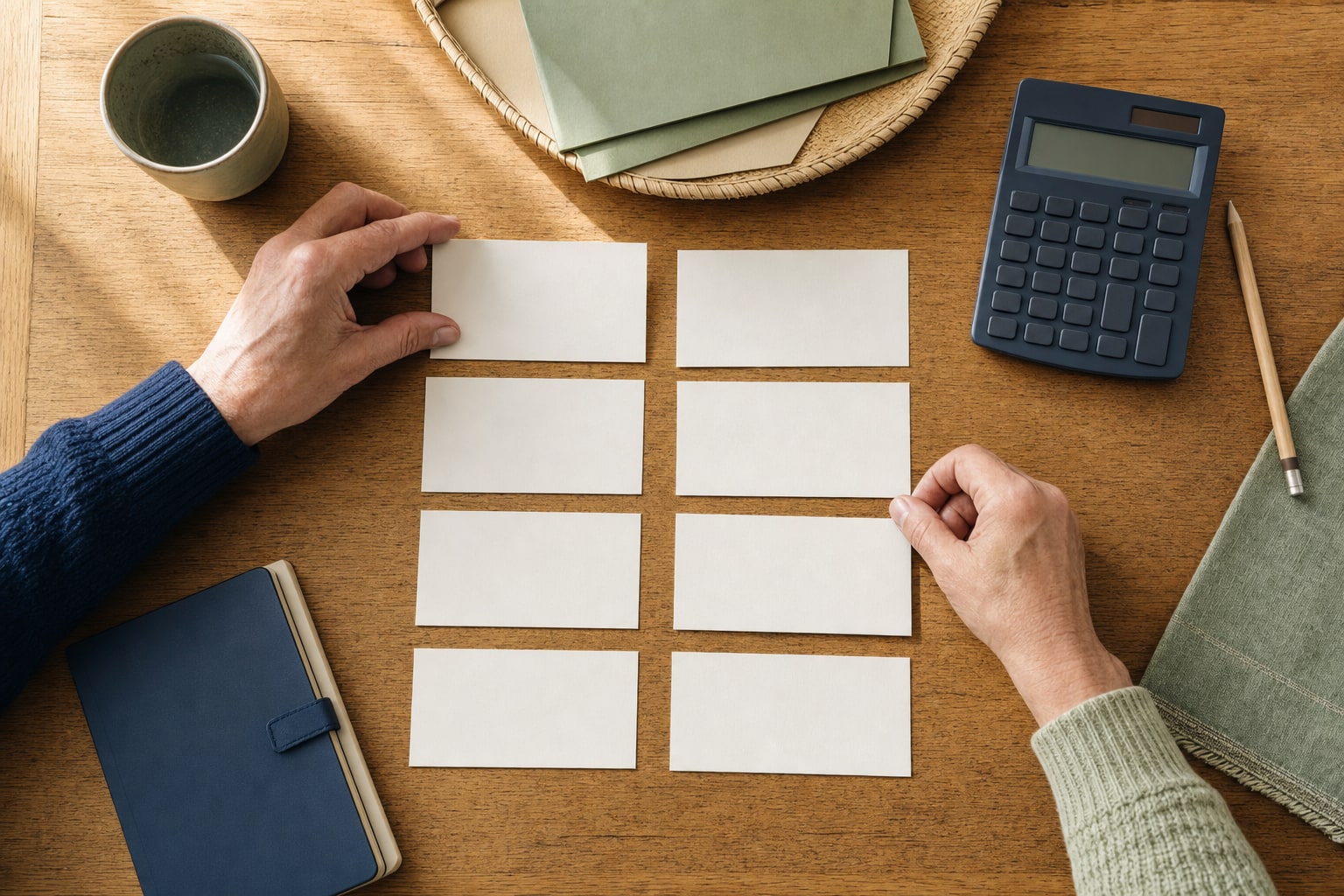 Two people organizing spending categories beside a calculator