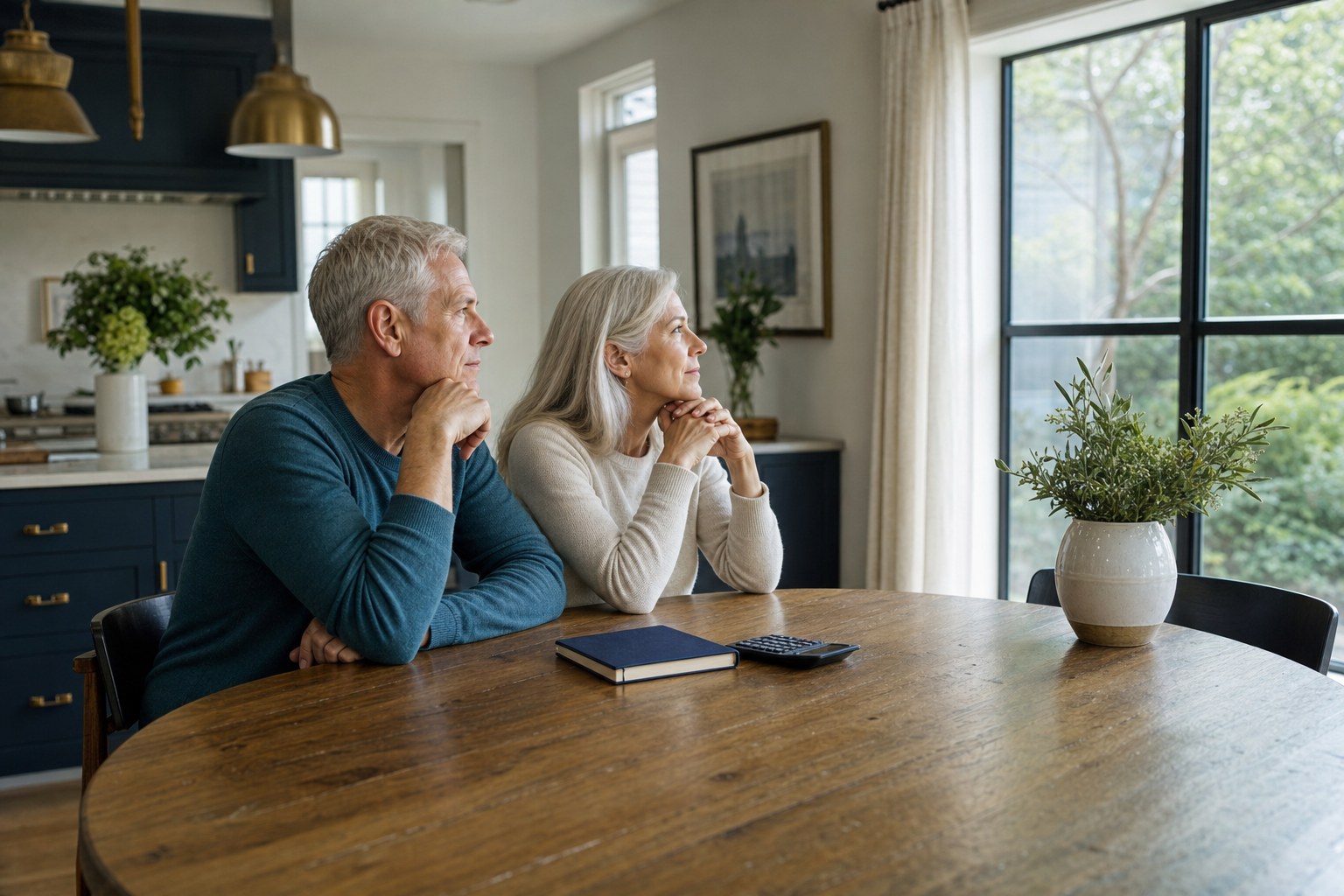 Couple considering their retirement timing at a kitchen table
