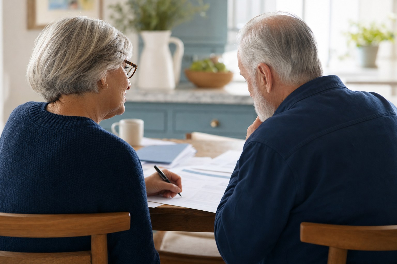 Couple reviewing retirement paperwork together