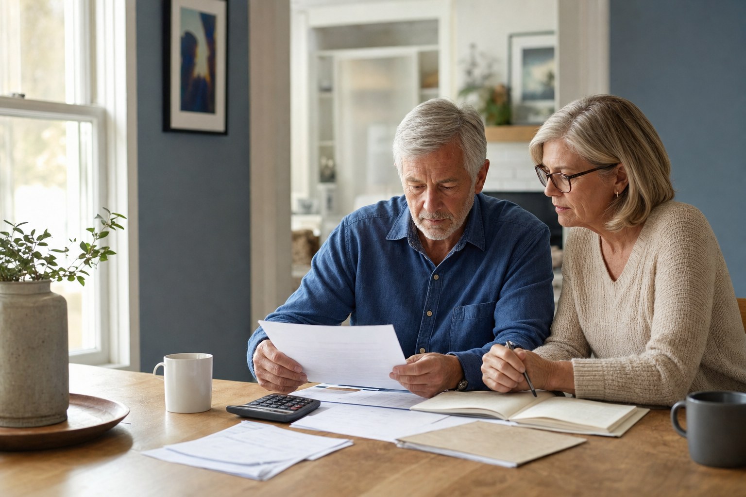 A couple reviewing retirement income planning materials at home