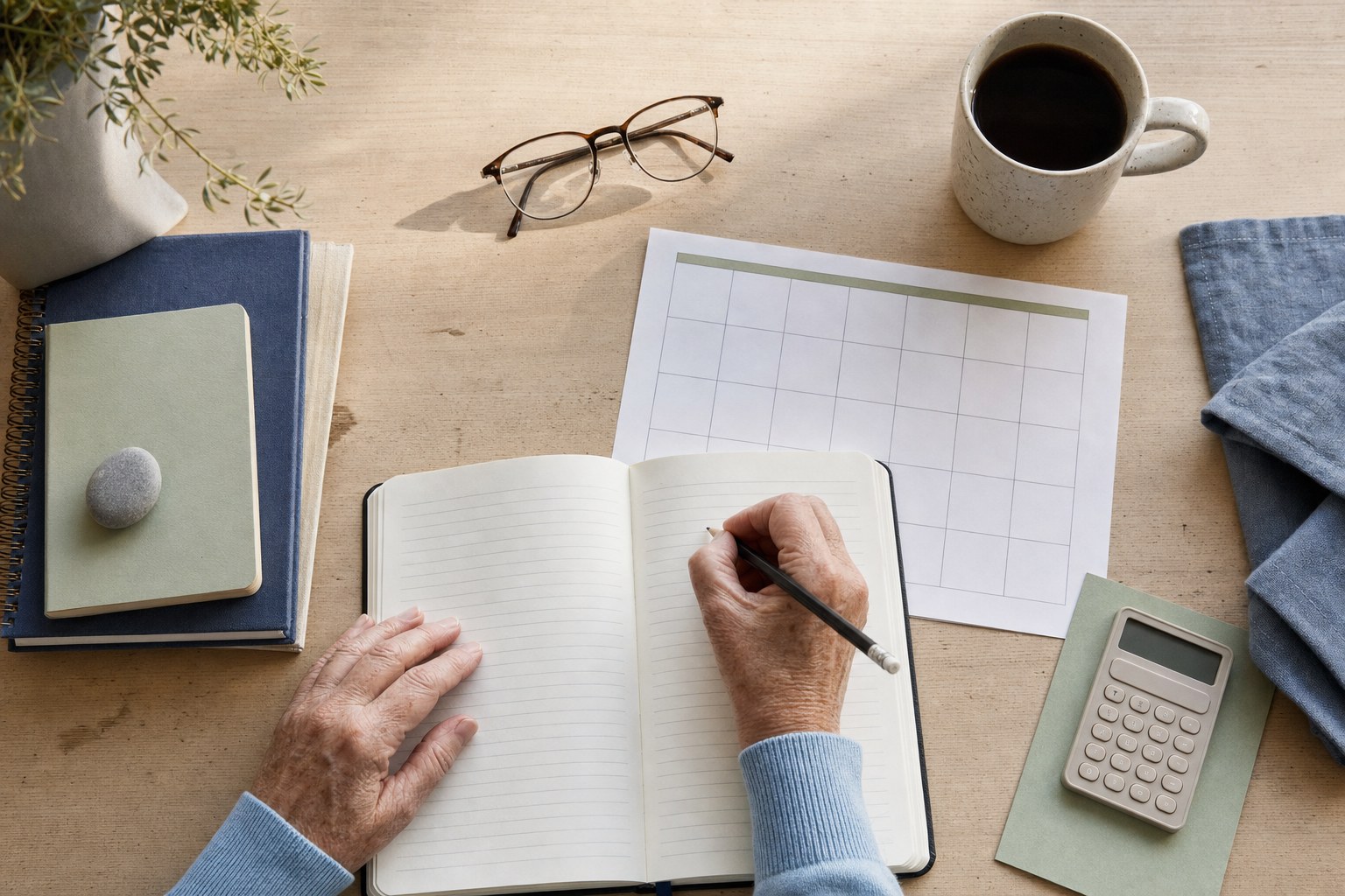 A notebook, calendar, calculator, and planning materials on a table