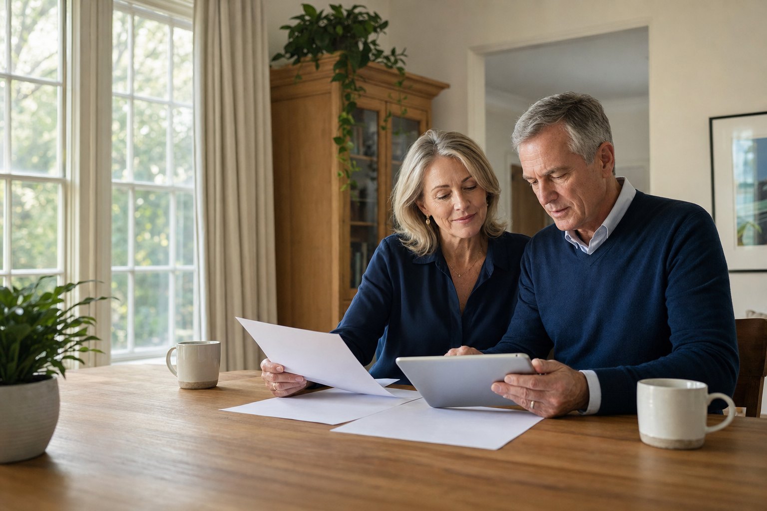 A couple reviewing retirement planning materials together at home