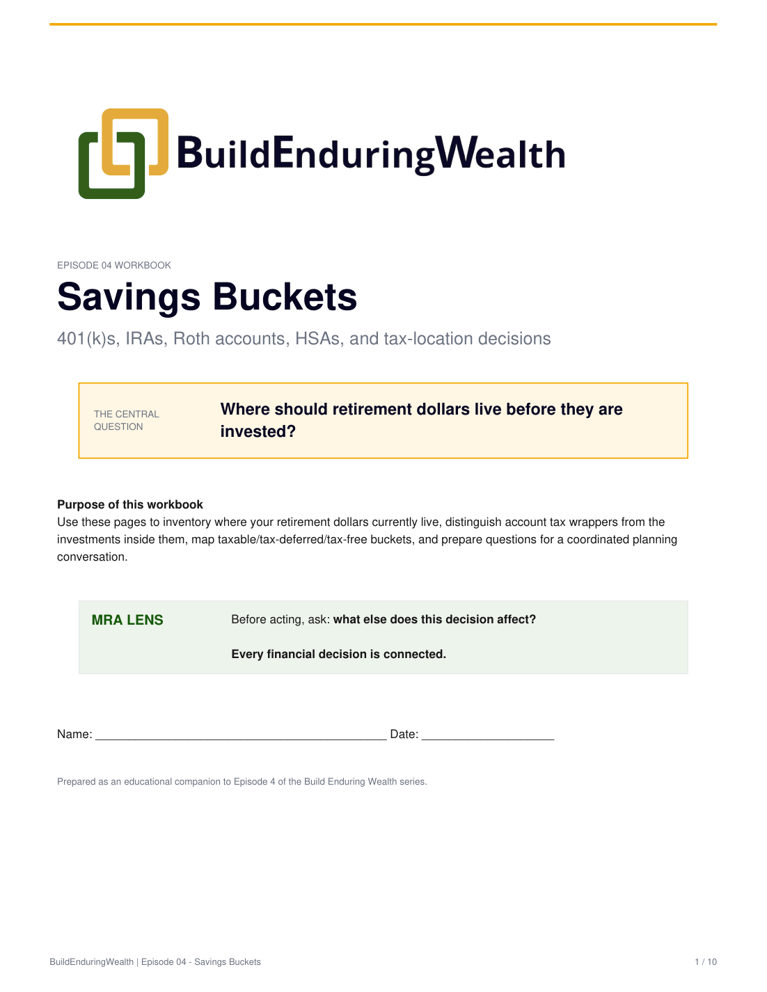 First page of the Episode 4 Savings Buckets Workbook