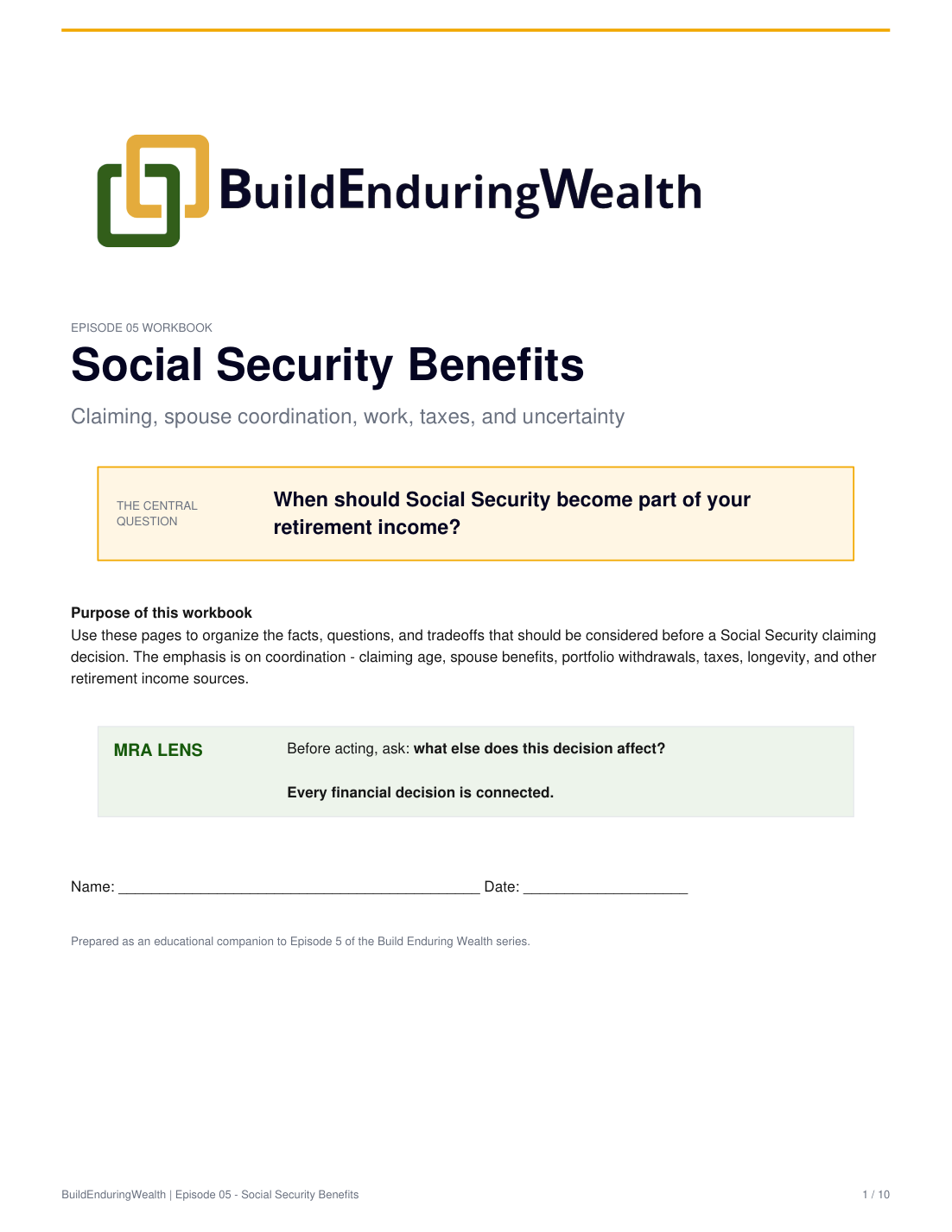 First page of the Episode 5 Social Security Benefits Workbook