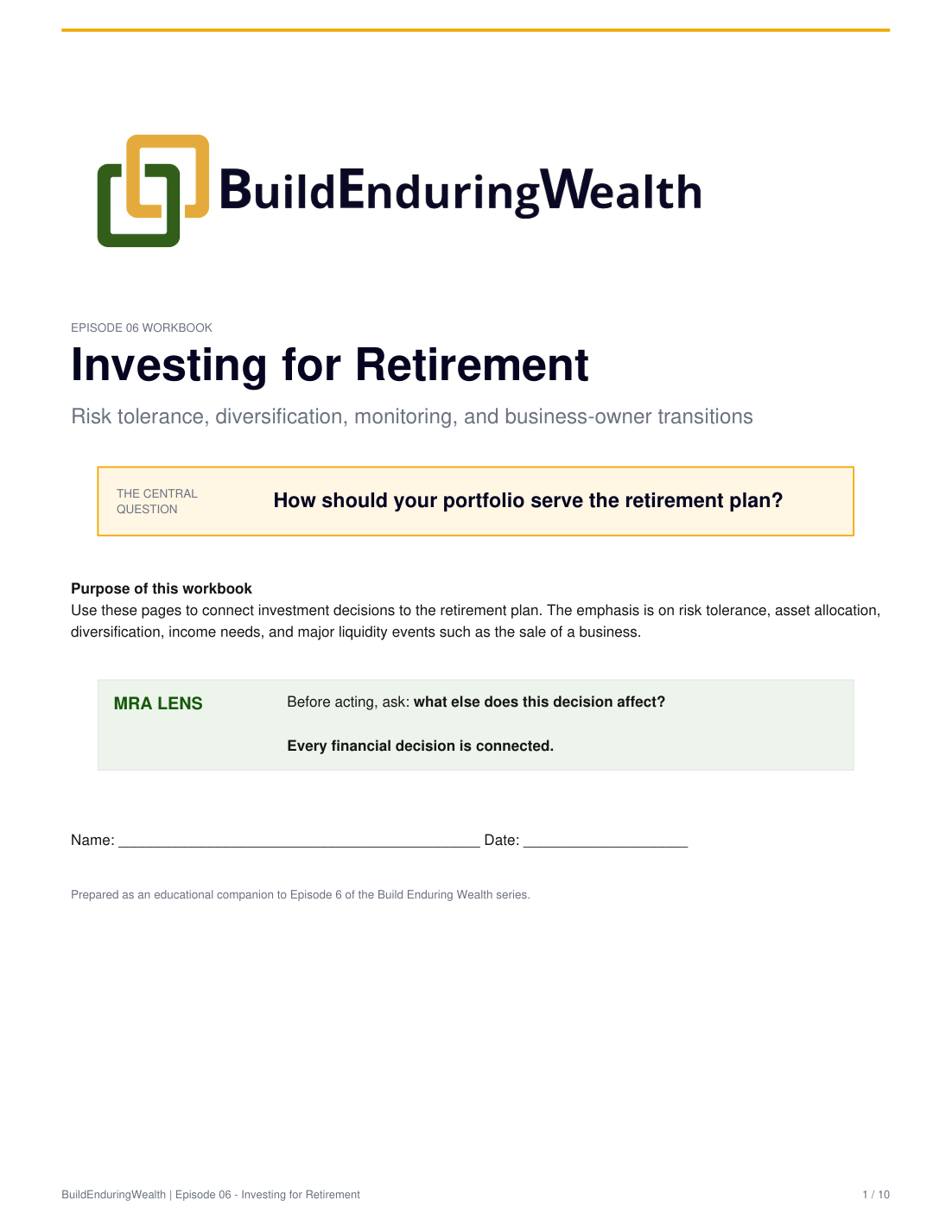 First page of the Episode 6 Investing for Retirement Workbook