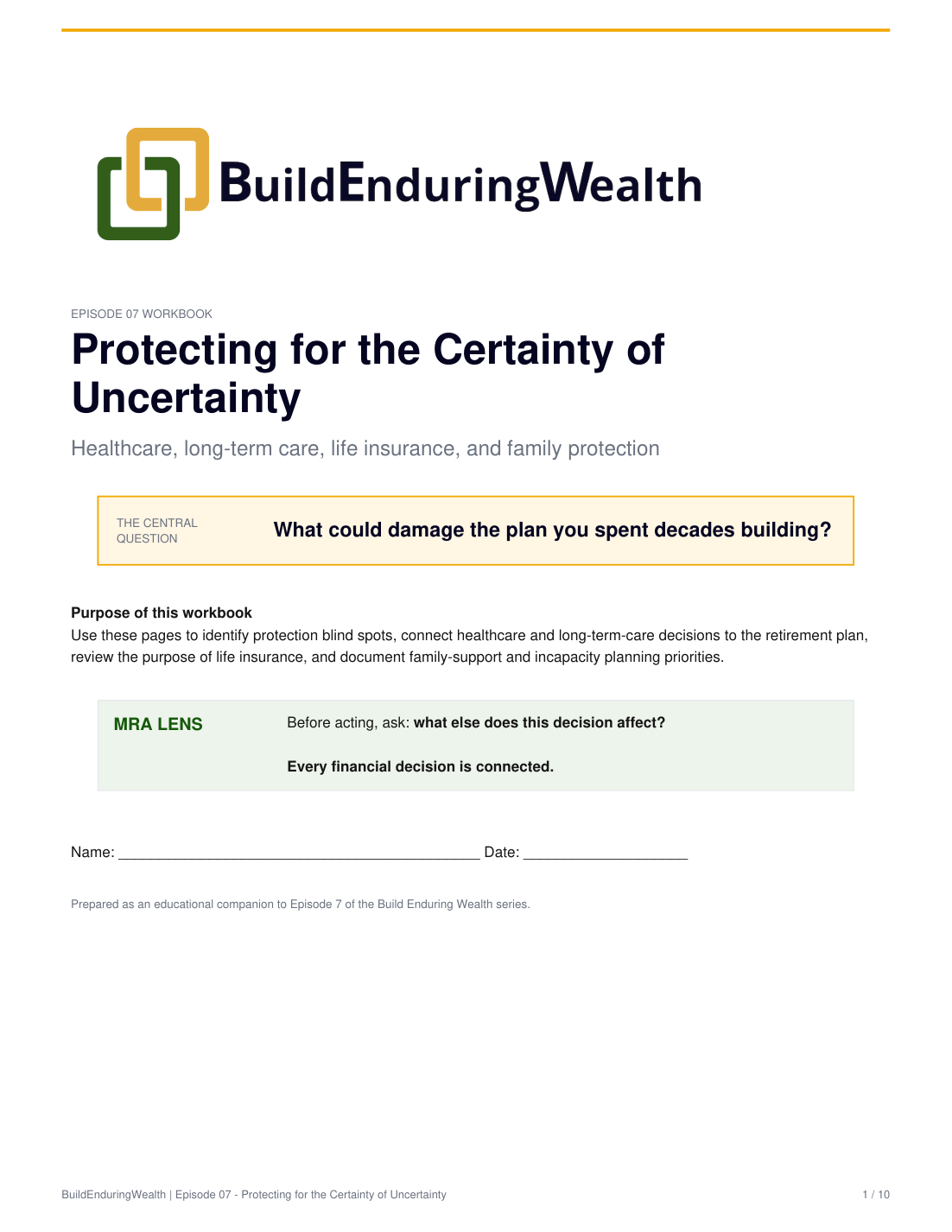 First page of the Episode 7 protection workbook