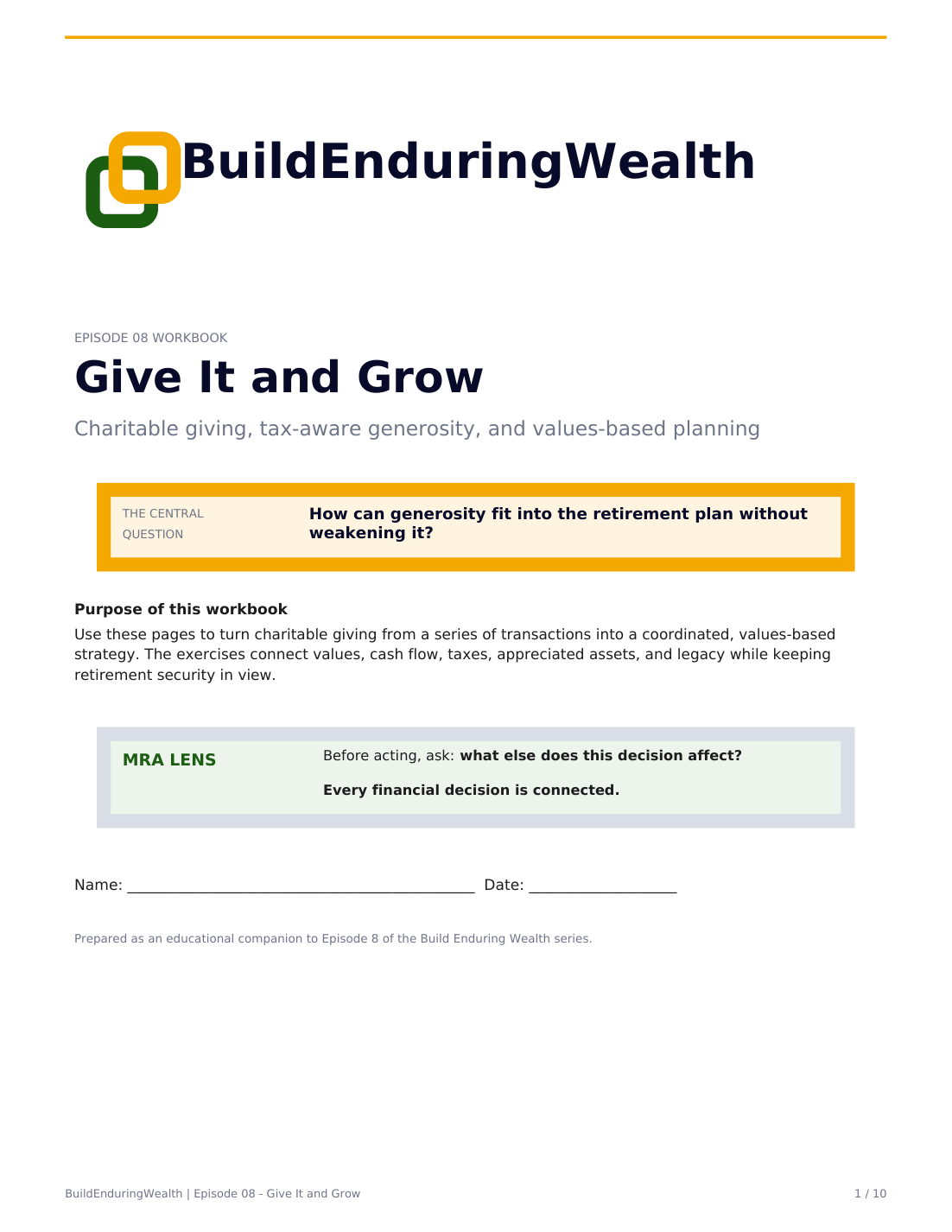 First page of the Episode 8 Give It and Grow workbook