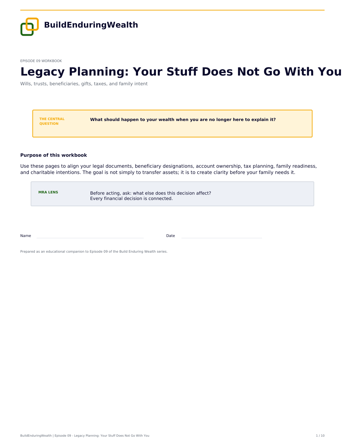 First page of the Episode 9 Legacy Planning workbook