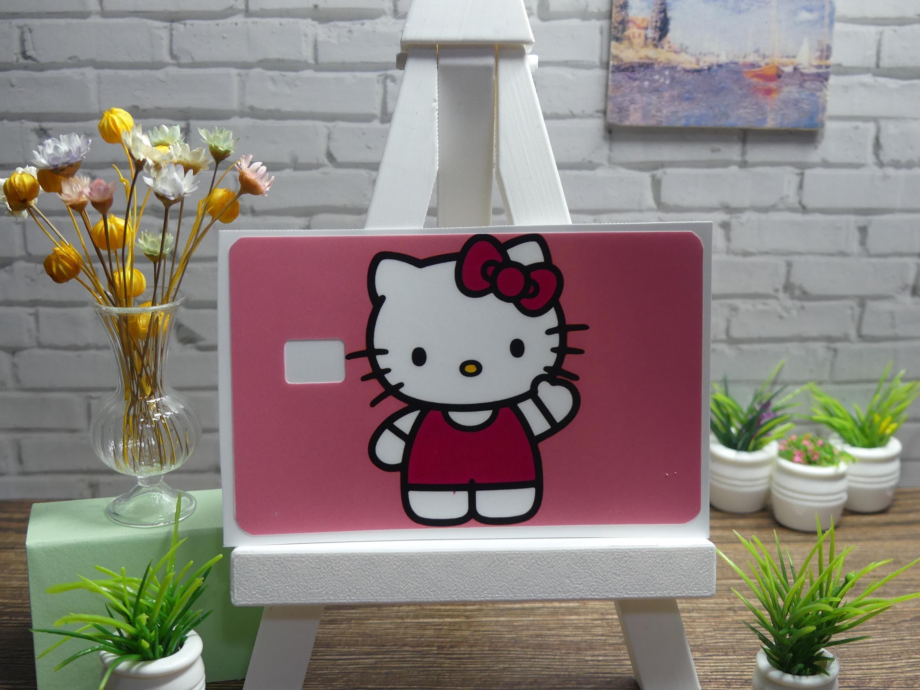 Kawaii cat debit card skin, pink cartoon cat vinyl decal, wallet sticker