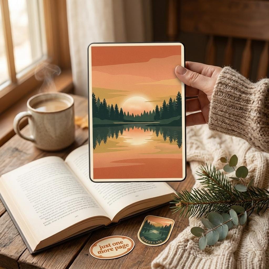 Sunset Forest Lake Kindle Skin, Retro Camping Vinyl Wrap, Cozy Nature Decal, view 2