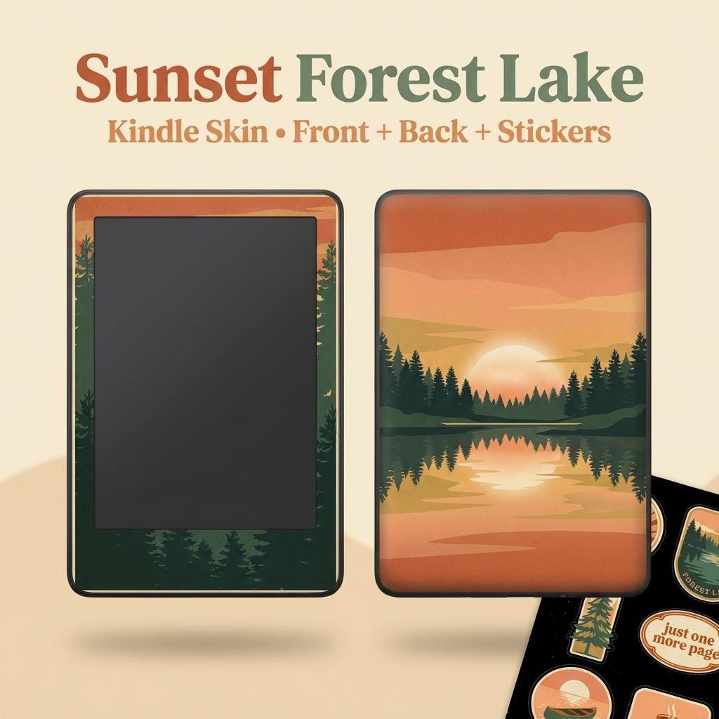 Sunset Forest Lake Kindle Skin, Retro Camping Vinyl Wrap, Cozy Nature Decal, view 4