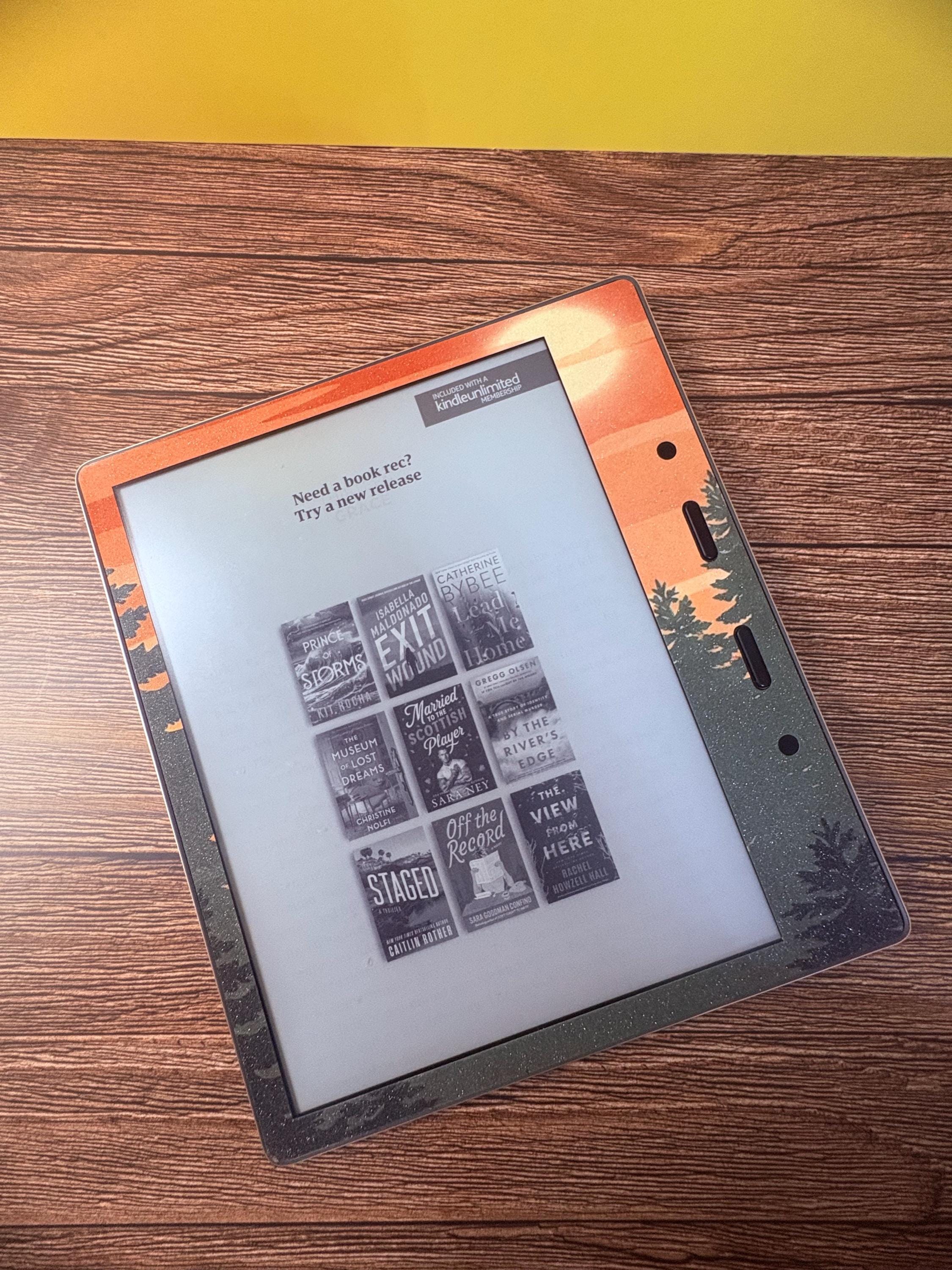 Sunset Forest Lake Kindle Skin, Retro Camping Vinyl Wrap, Cozy Nature Decal, view 6