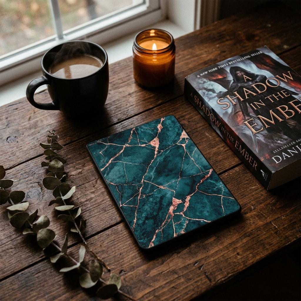 Moody Teal Marble Kindle Skin, Dark Academia Vinyl Wrap (Paperwhite, Oasis), view 2