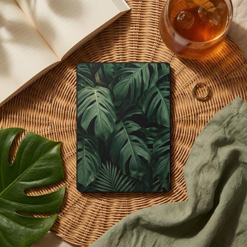 Tropical Palms Kindle Skin, Moody Jungle Botanical Vinyl Decal, Nature Reader Cover