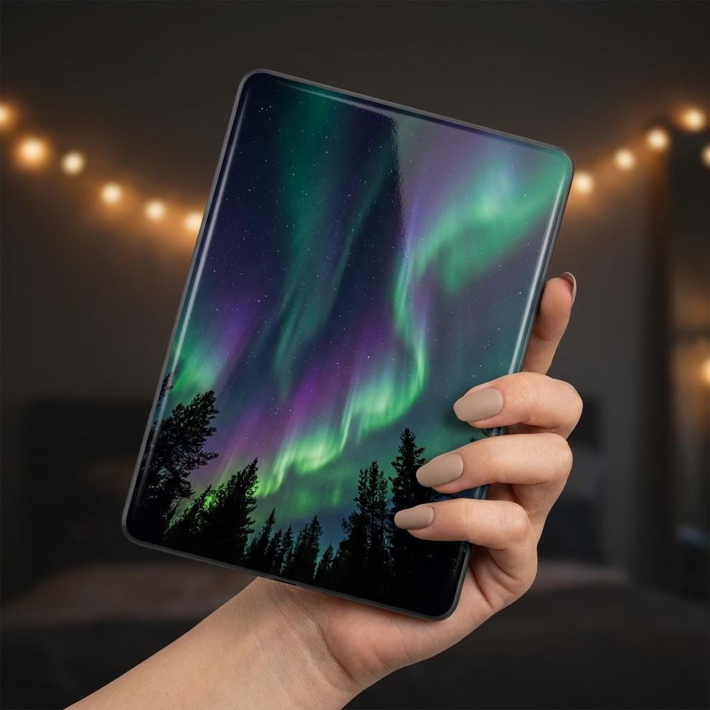Northern Lights Kindle Skin, Aurora Borealis Vinyl Decal, Night Sky Reader Cover, view 3