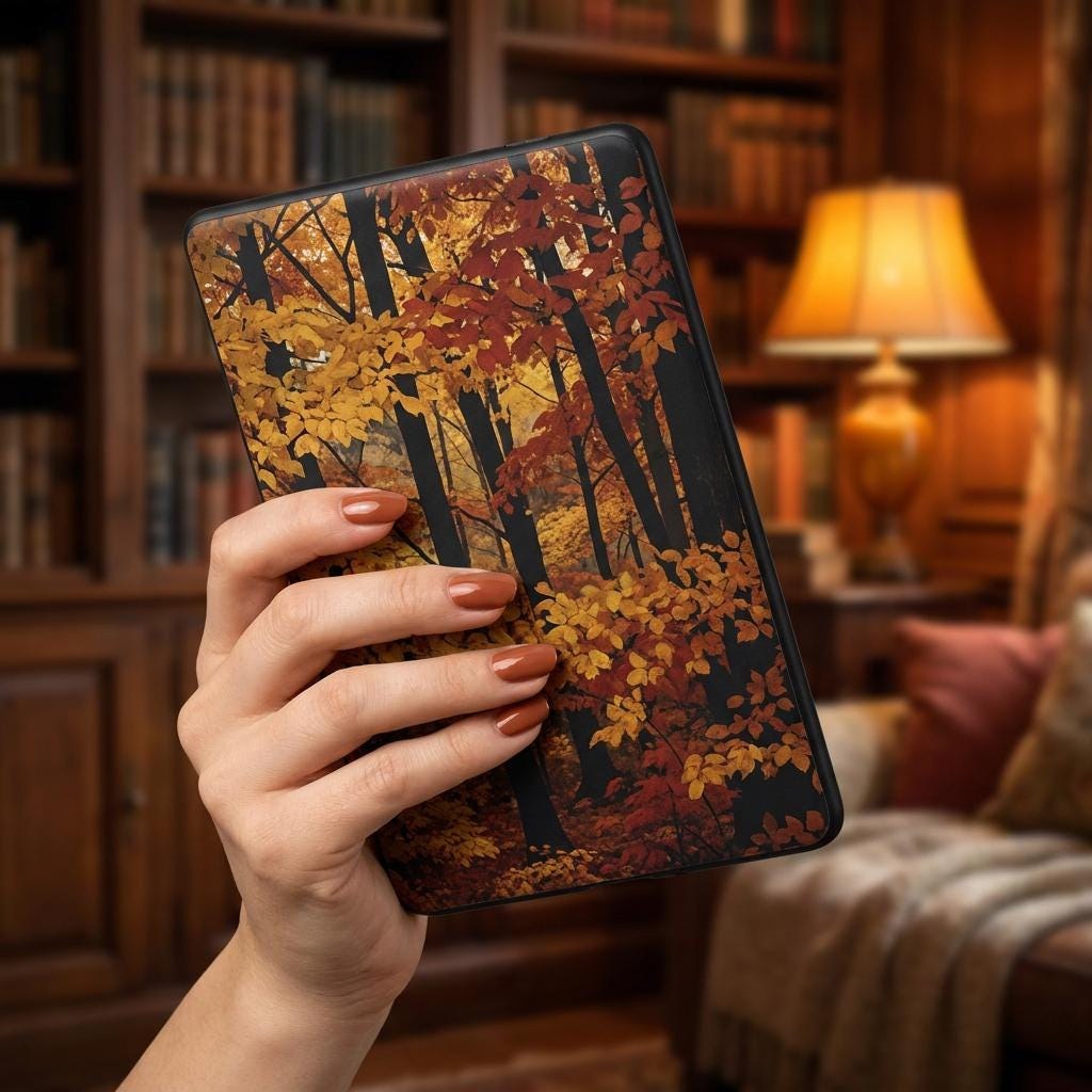 Autumn Forest Kindle Skin, Fall Foliage Vinyl Decal, Cozy Reader Cover