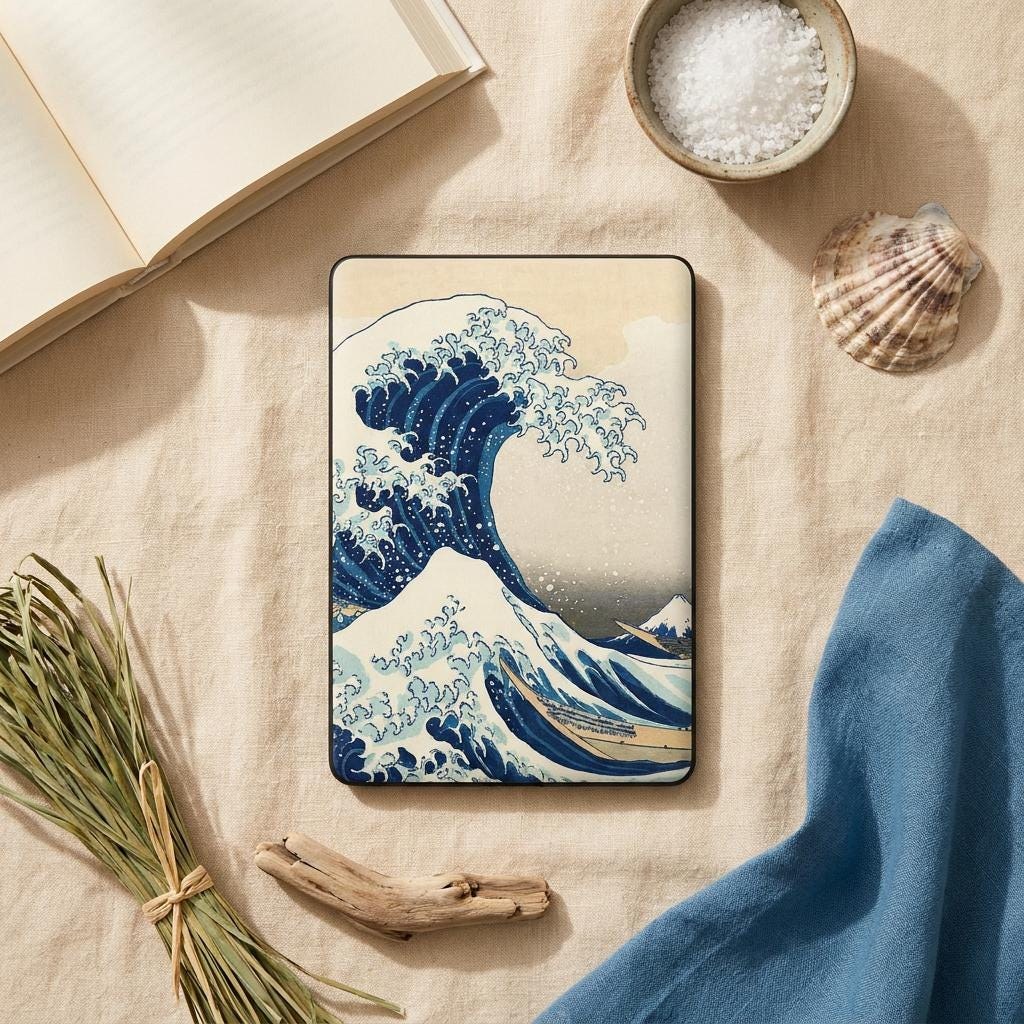 Ocean Wave Kindle Skin, Japanese Woodblock Wave Vinyl Decal, Coastal Reader Cover