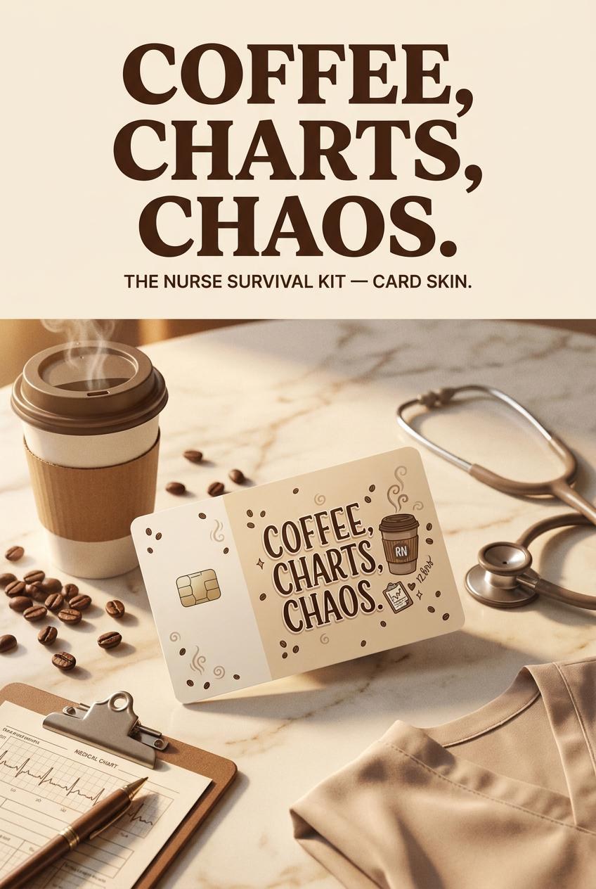 RN Card Skin, Coffee Charts Chaos, Waterproof Vinyl Sticker