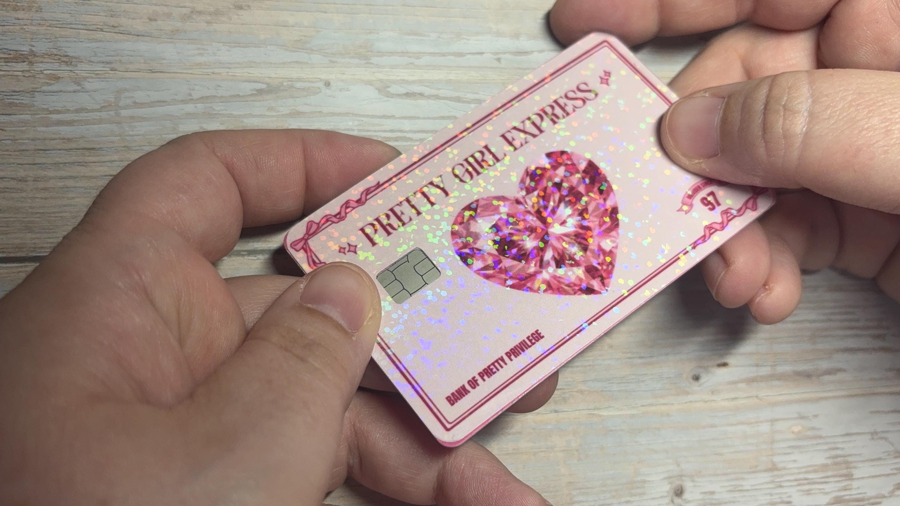 Pretty Girl Express Credit Card Skin, Pink Holographic Debit Sticker, Coquette Card Decal, view 3
