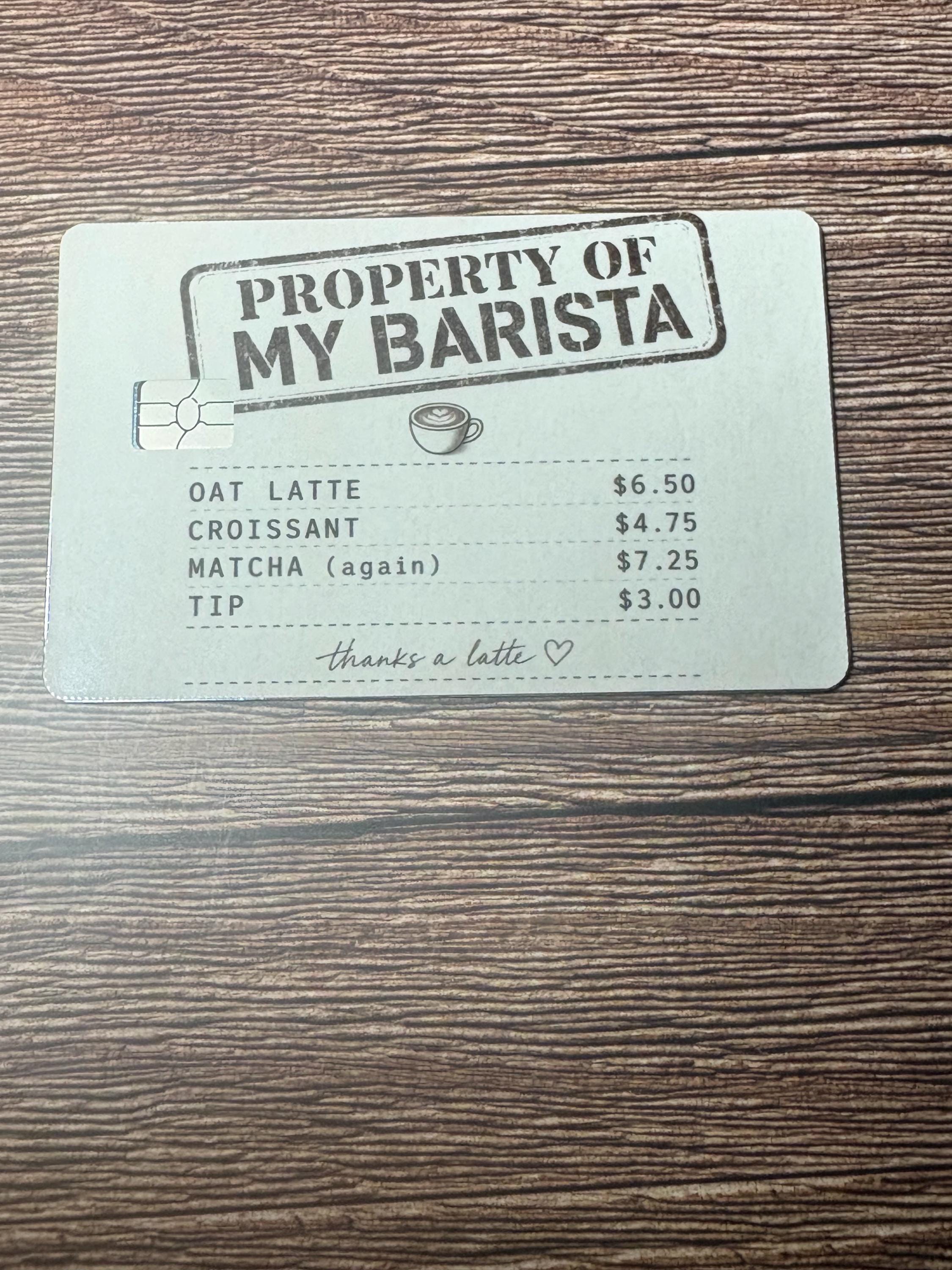 Property Of My Barista Card Skin, Funny Coffee Lover Debit Sticker Cover, view 5