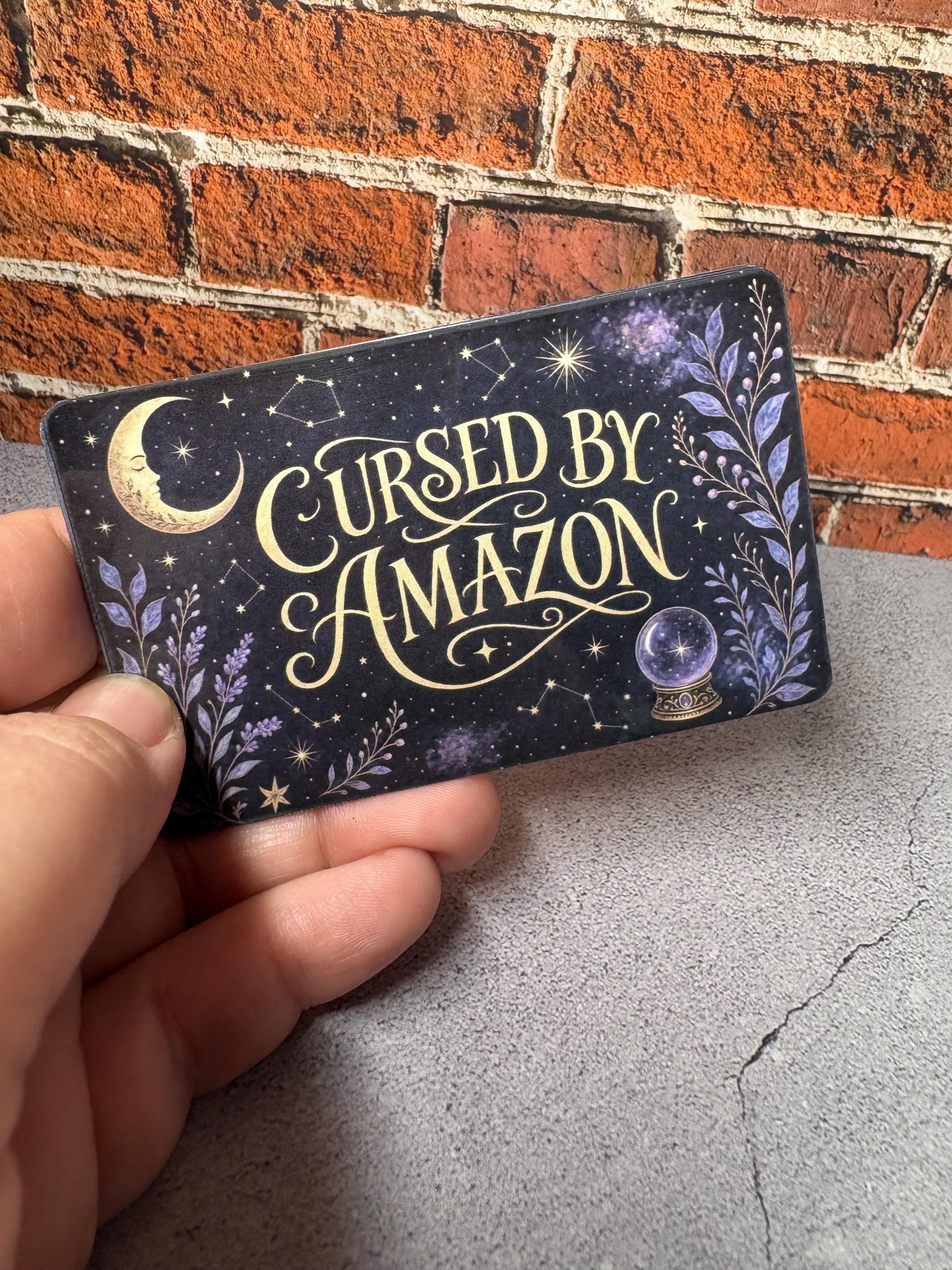 Cursed By Amazon Card Skin | Funny Witchy Halloween Debit Sticker | Celestial Navy Gold Cover, view 4