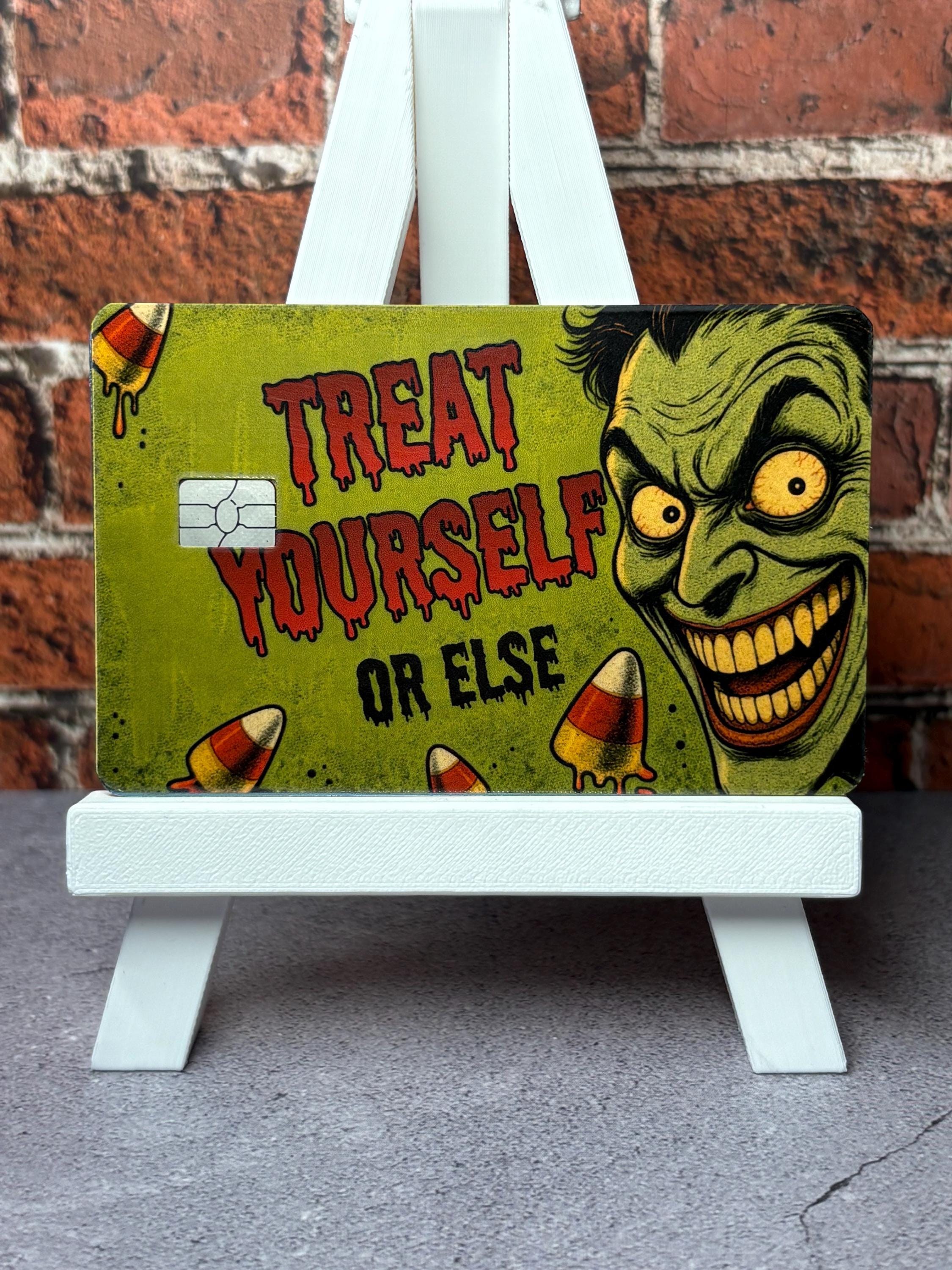 Treat Yourself Card Skin | Funny Vintage Horror Halloween Debit Sticker | Candy Corn Cover