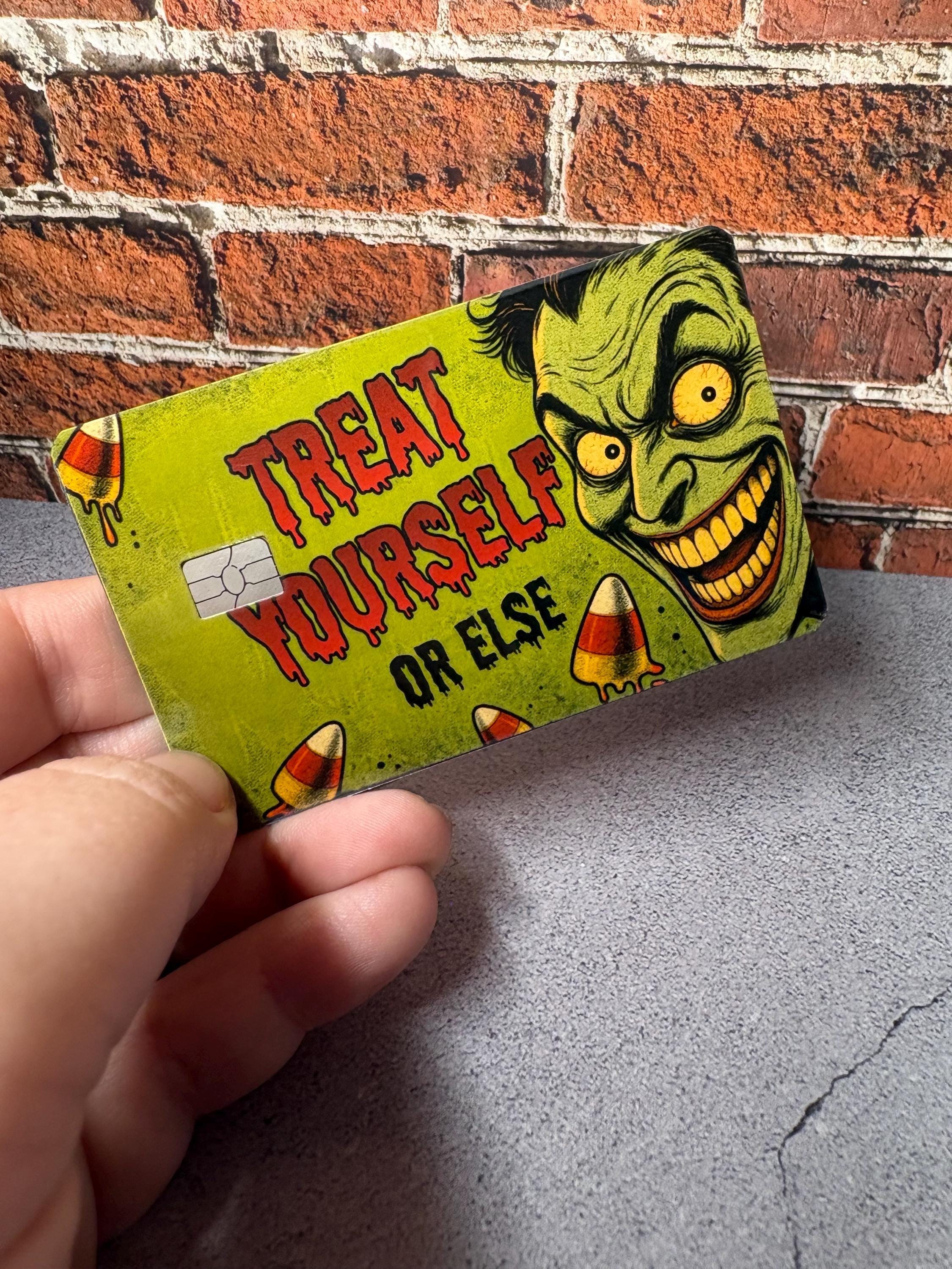Treat Yourself Card Skin | Funny Vintage Horror Halloween Debit Sticker | Candy Corn Cover, view 4