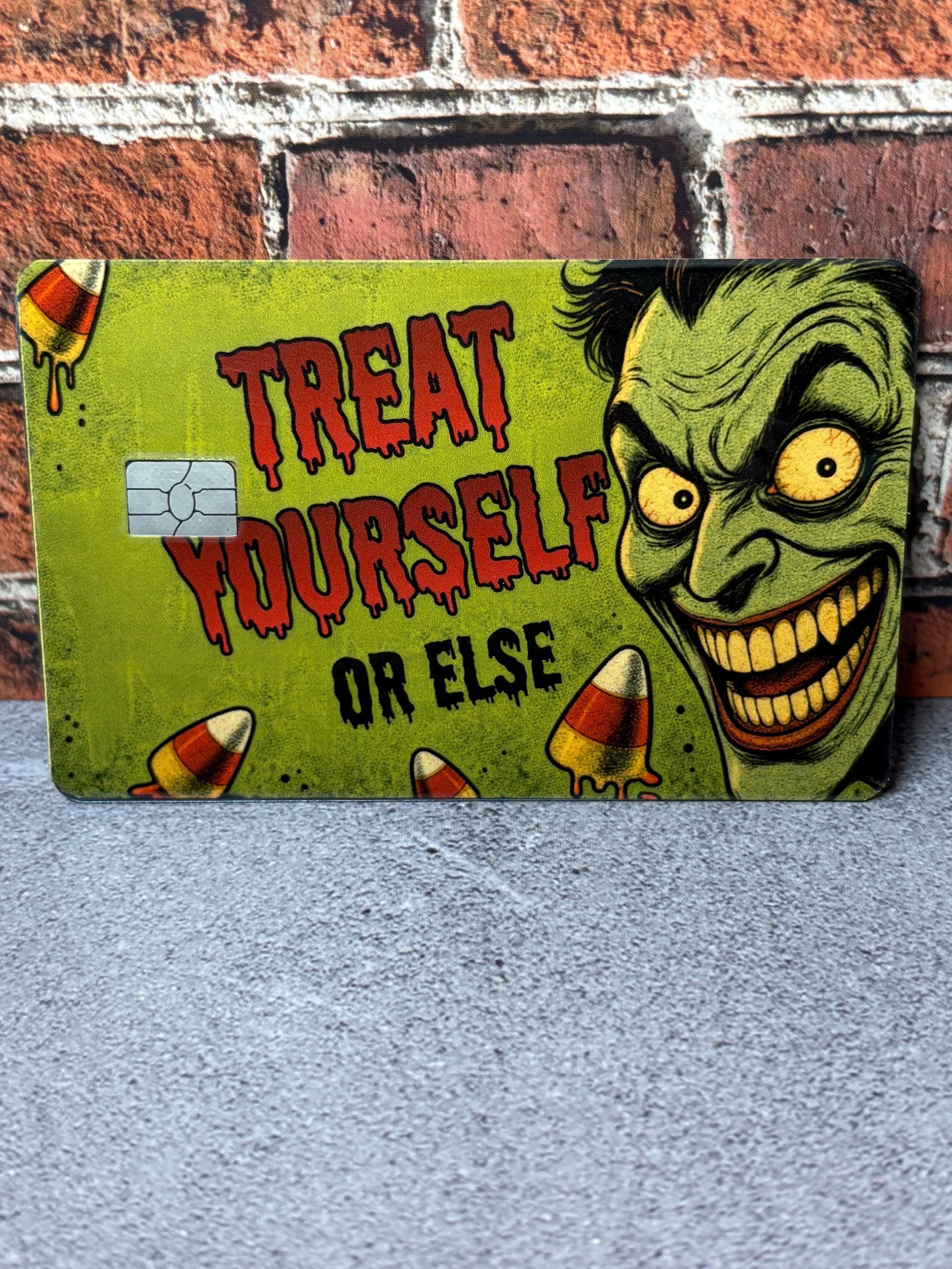 Treat Yourself Card Skin | Funny Vintage Horror Halloween Debit Sticker | Candy Corn Cover, view 5