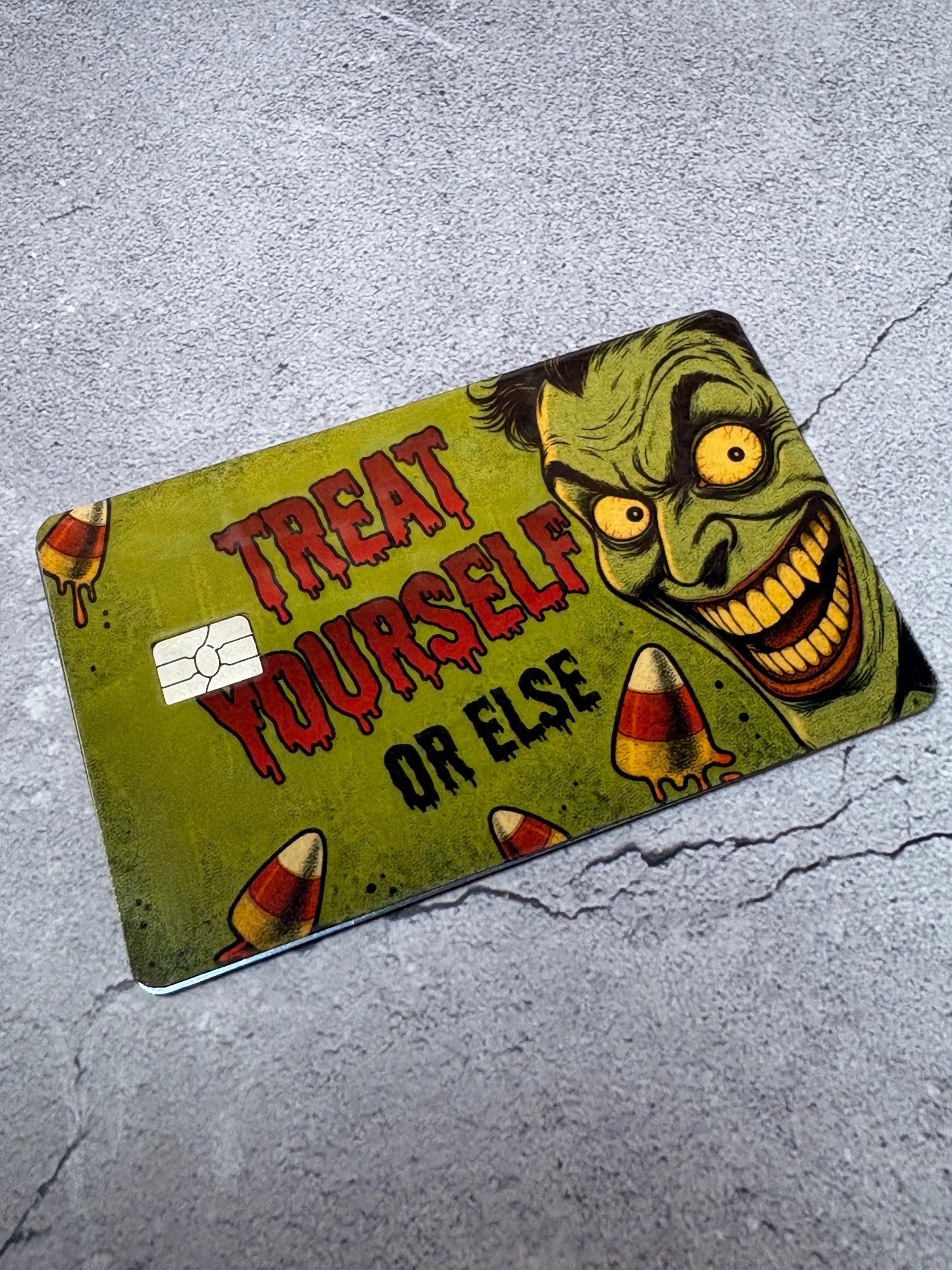 Treat Yourself Card Skin | Funny Vintage Horror Halloween Debit Sticker | Candy Corn Cover, view 6
