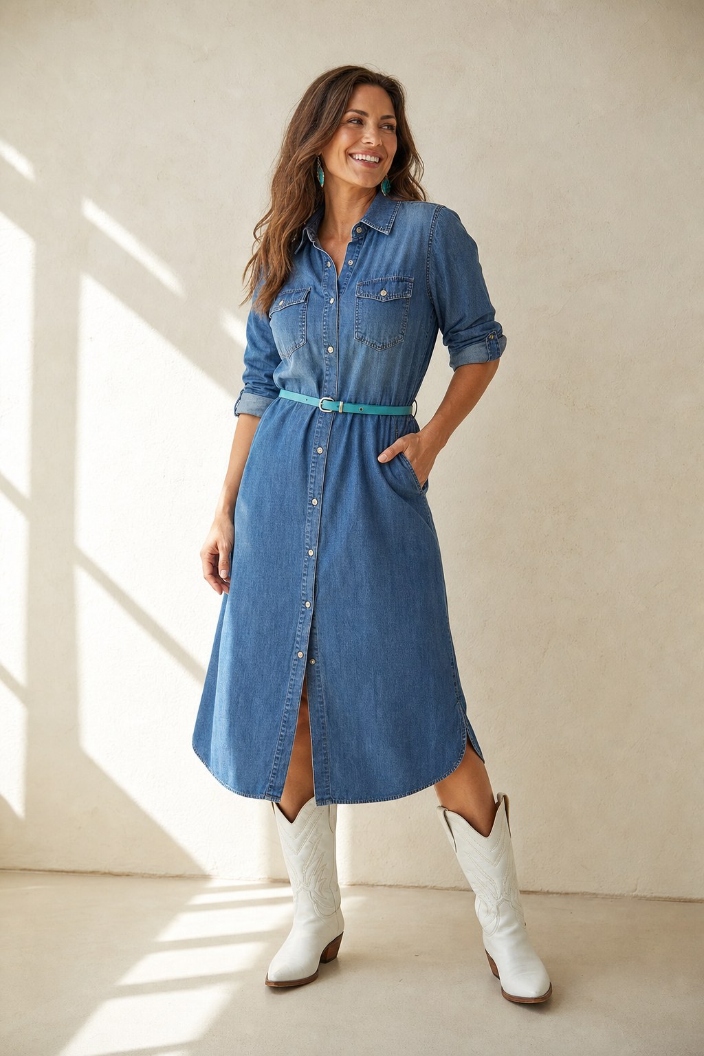 Woman in a blue denim shirt dress with white cowboy boots