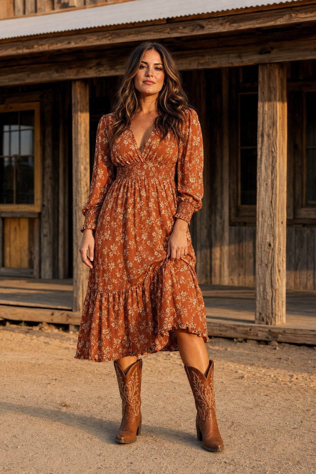 Woman in a rust floral midi dress wearing brown cowboy boots