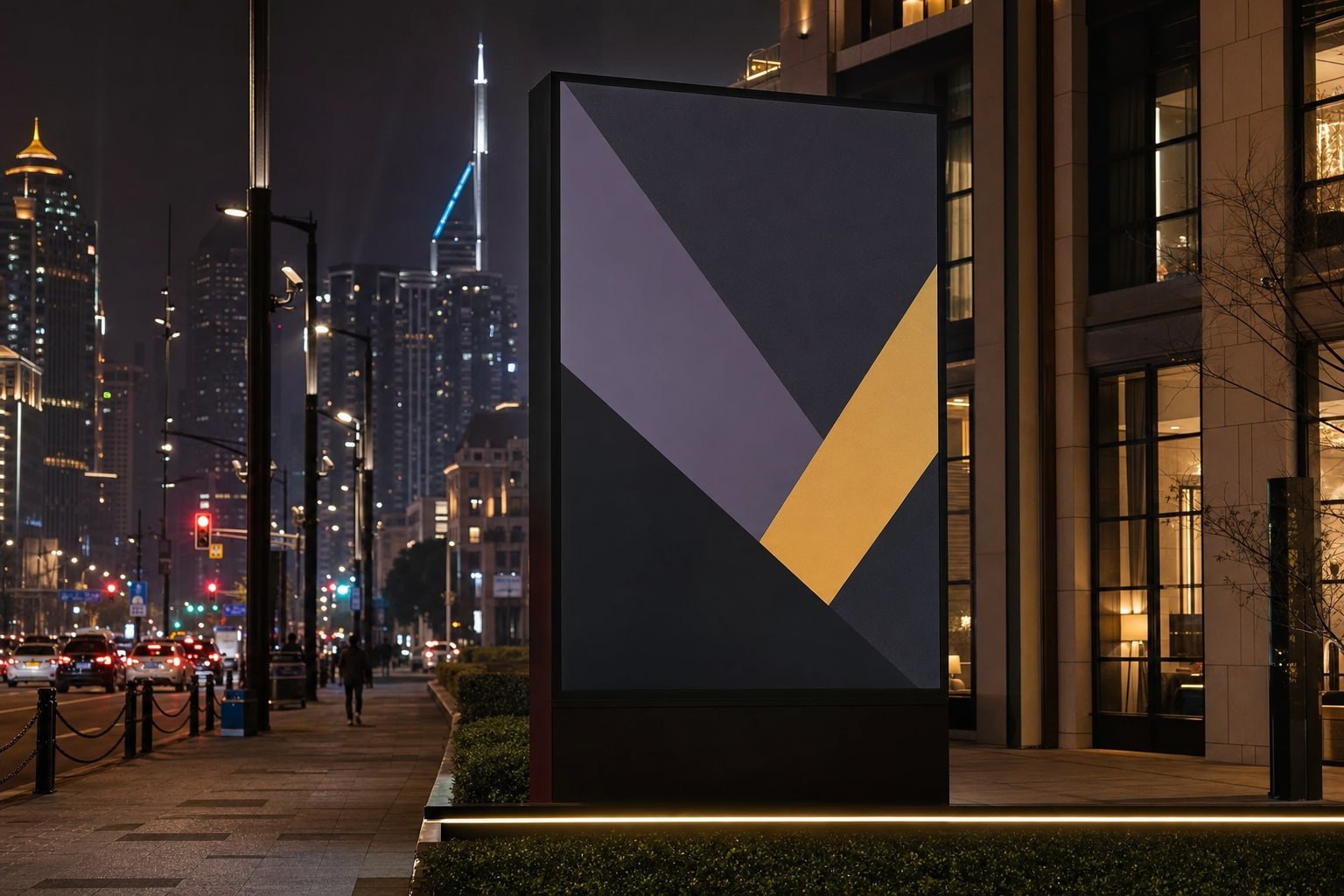 High-contrast digital billboard in a nighttime commercial district