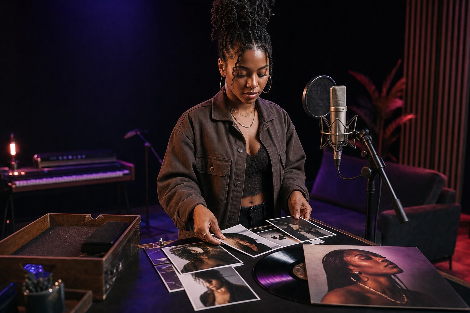 Independent recording artist selecting press photos beside a studio microphone
